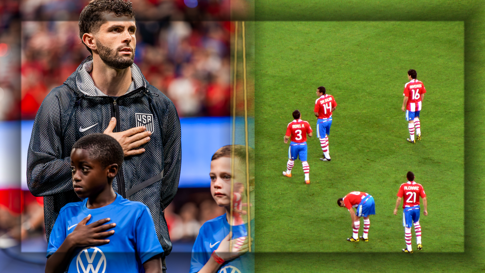 Composición con Christian Pulisic con la chomba de Estados Unidos a la izquierda y jugadores de Paraguay con la camiseta a rayas rojas y blancas sobre la cancha a la derecha