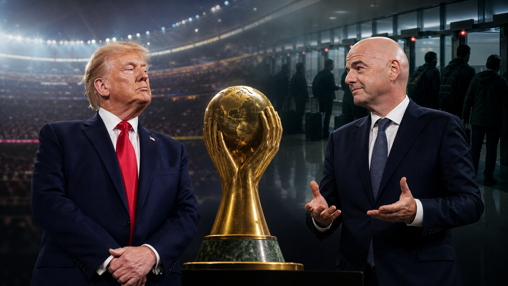 Donald Trump y Gianni Infantino frente a un trofeo dorado de paz, con un estadio y un control migratorio de fondo