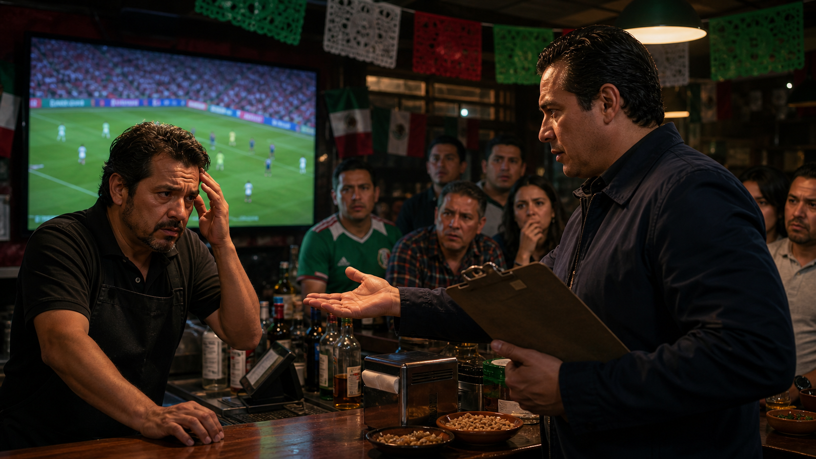 Un falso inspector con carpeta enfrenta al dueño de un bar mexicano mientras se ve un partido del Mundial en una pantalla