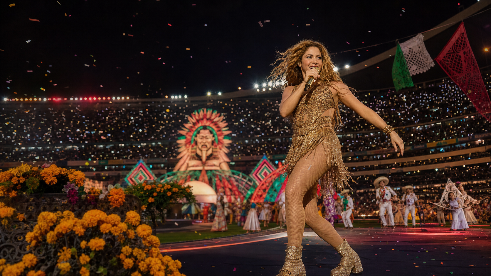 Shakira canta en un estadio de Ciudad de México durante una apertura mundialista con flores de cempasúchil, papel picado y luces de fiesta