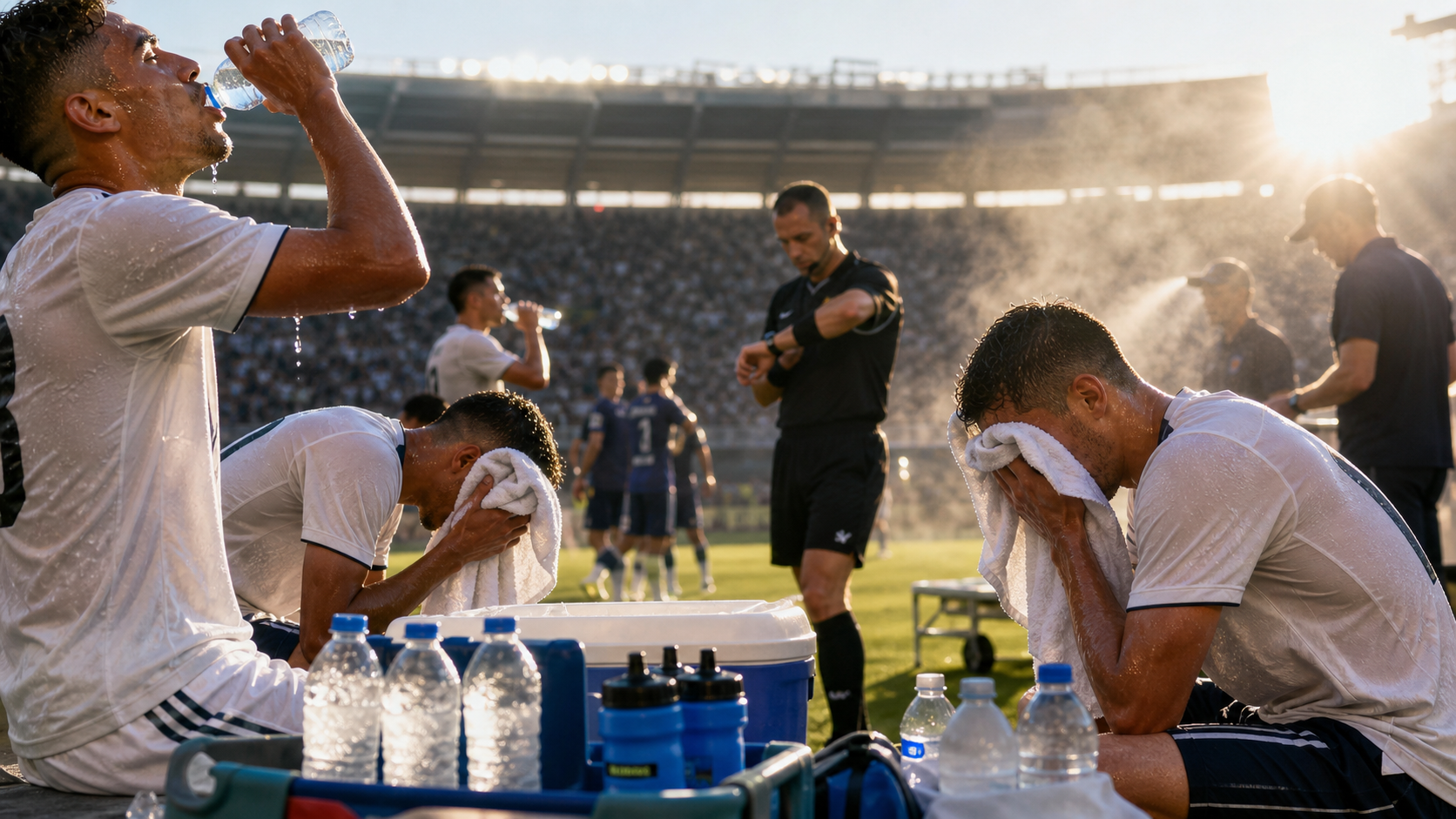 Futbolistas toman agua durante una pausa de hidratación en un estadio con calor intenso