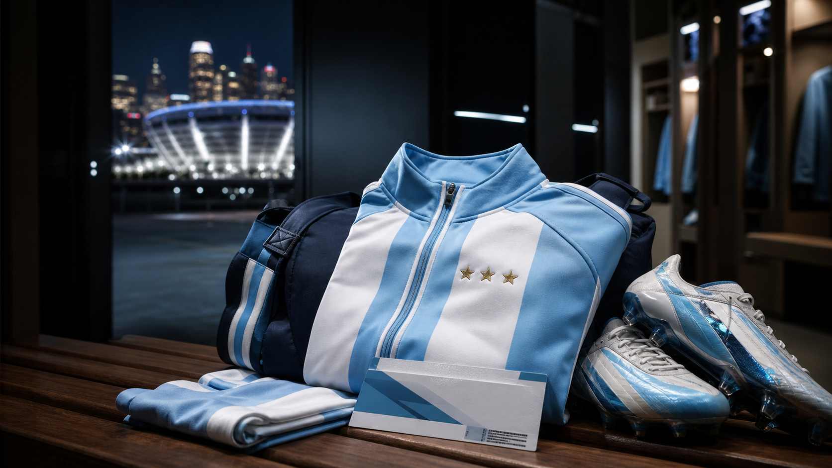 Campera celeste y blanca de Argentina con exactamente tres estrellas doradas en un vestuario de Kansas City