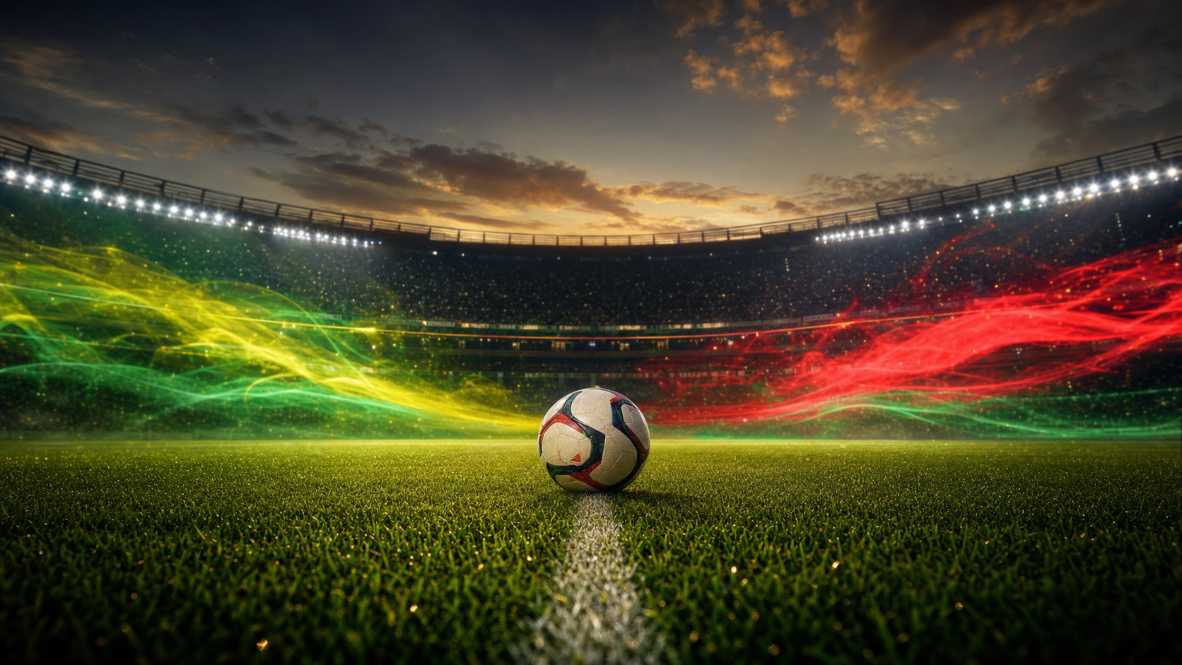 Pelota en el centro de una cancha con luces verdes, amarillas y rojas que evocan Brasil y Marruecos antes de un partido mundialista