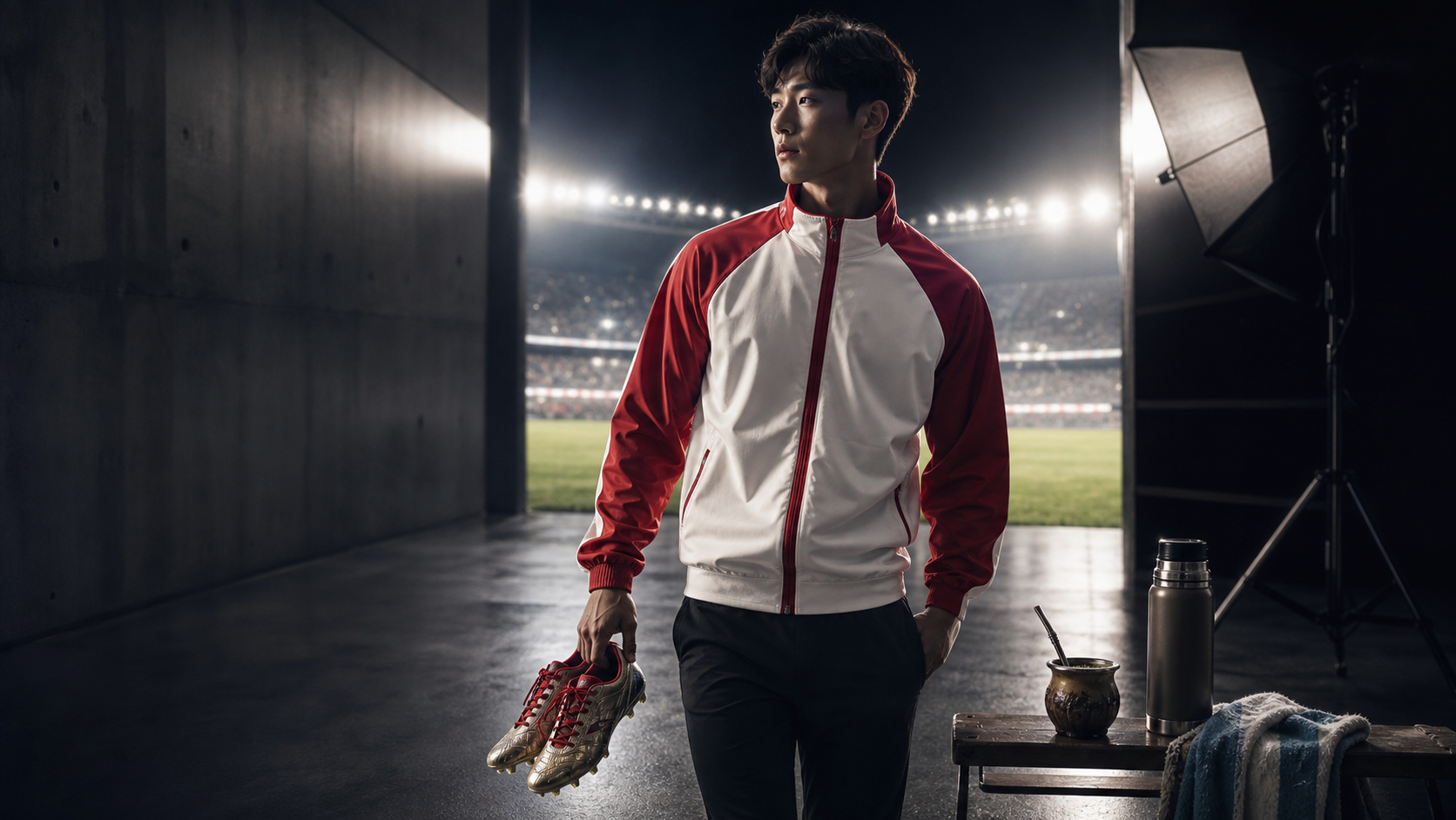 Futbolista coreano estilizado en un túnel de estadio junto a un mate y un termo, con iluminación de editorial de moda
