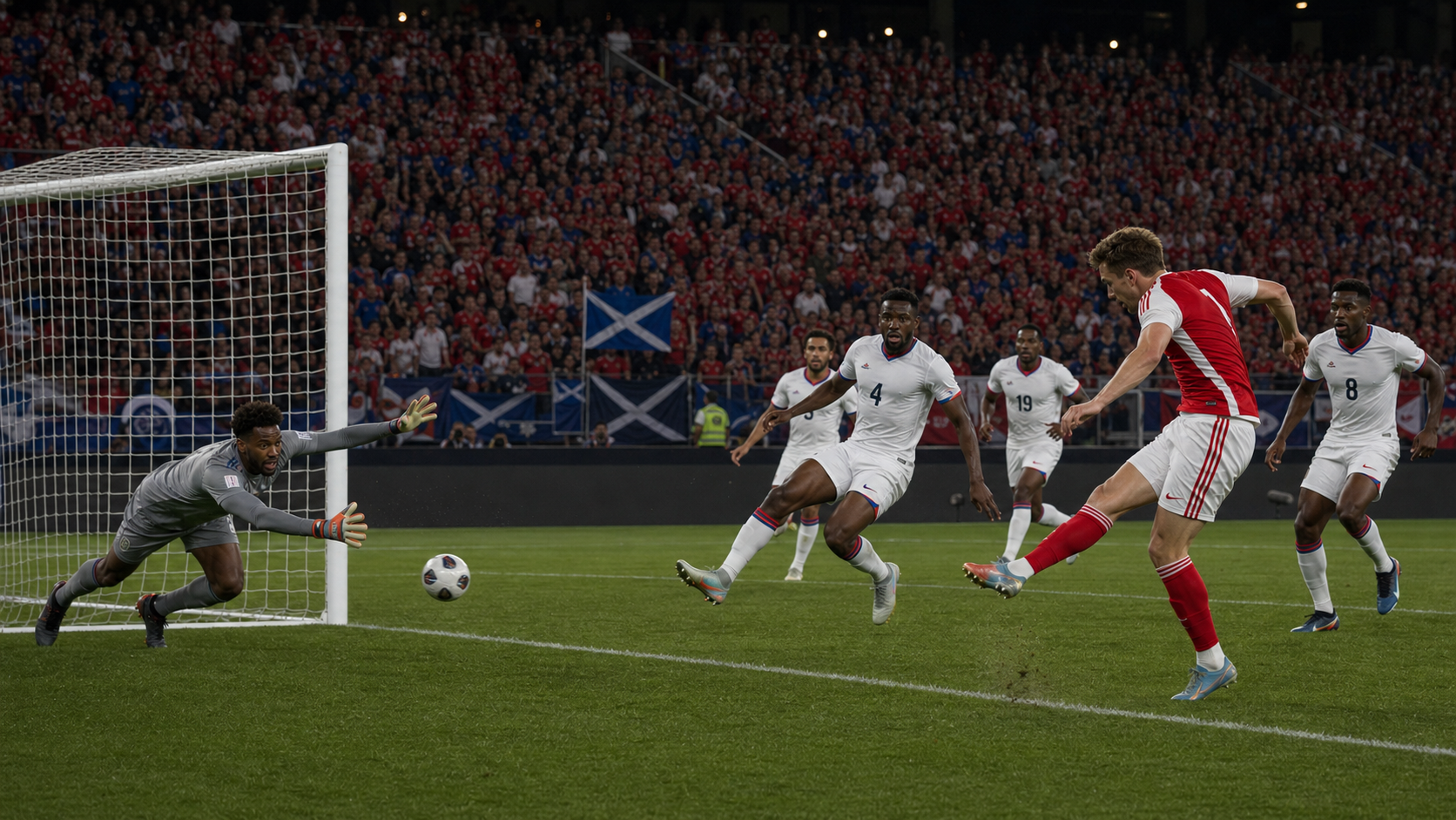 Jugador de Escocia con camiseta roja y blanca remata ante defensores de Haití vestidos de blanco