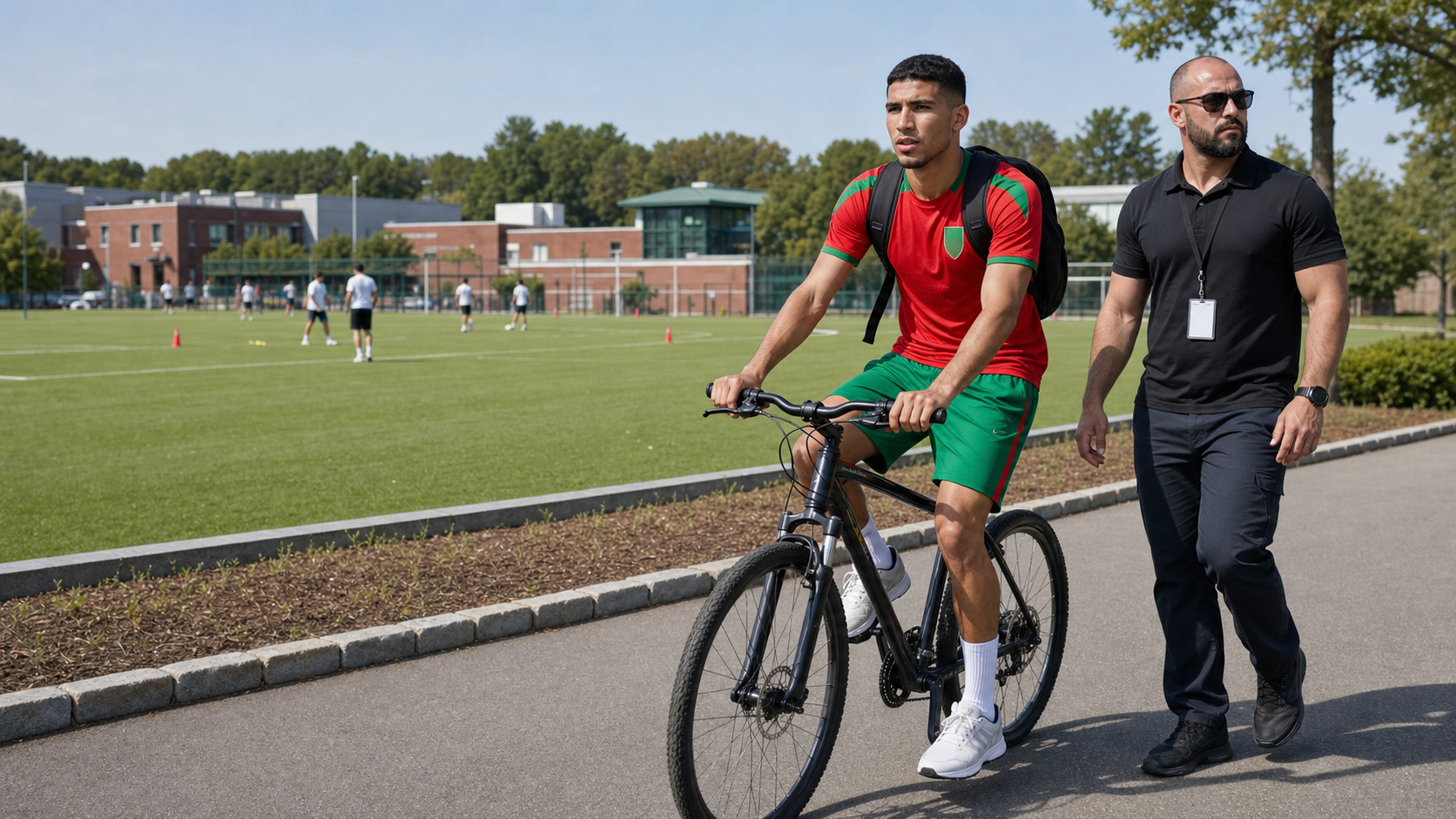Futbolista marroquí llega en bicicleta a un entrenamiento acompañado por un custodio