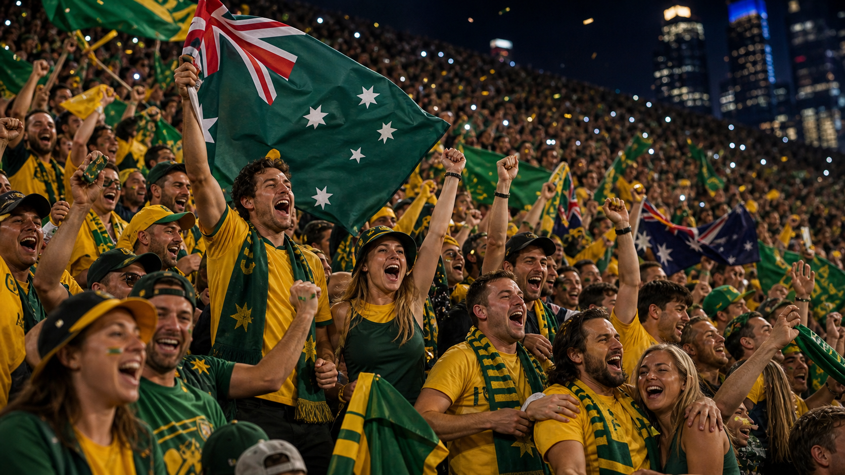 Hinchas de Australia festejan una victoria en el Mundial 2026 con banderas verde y oro