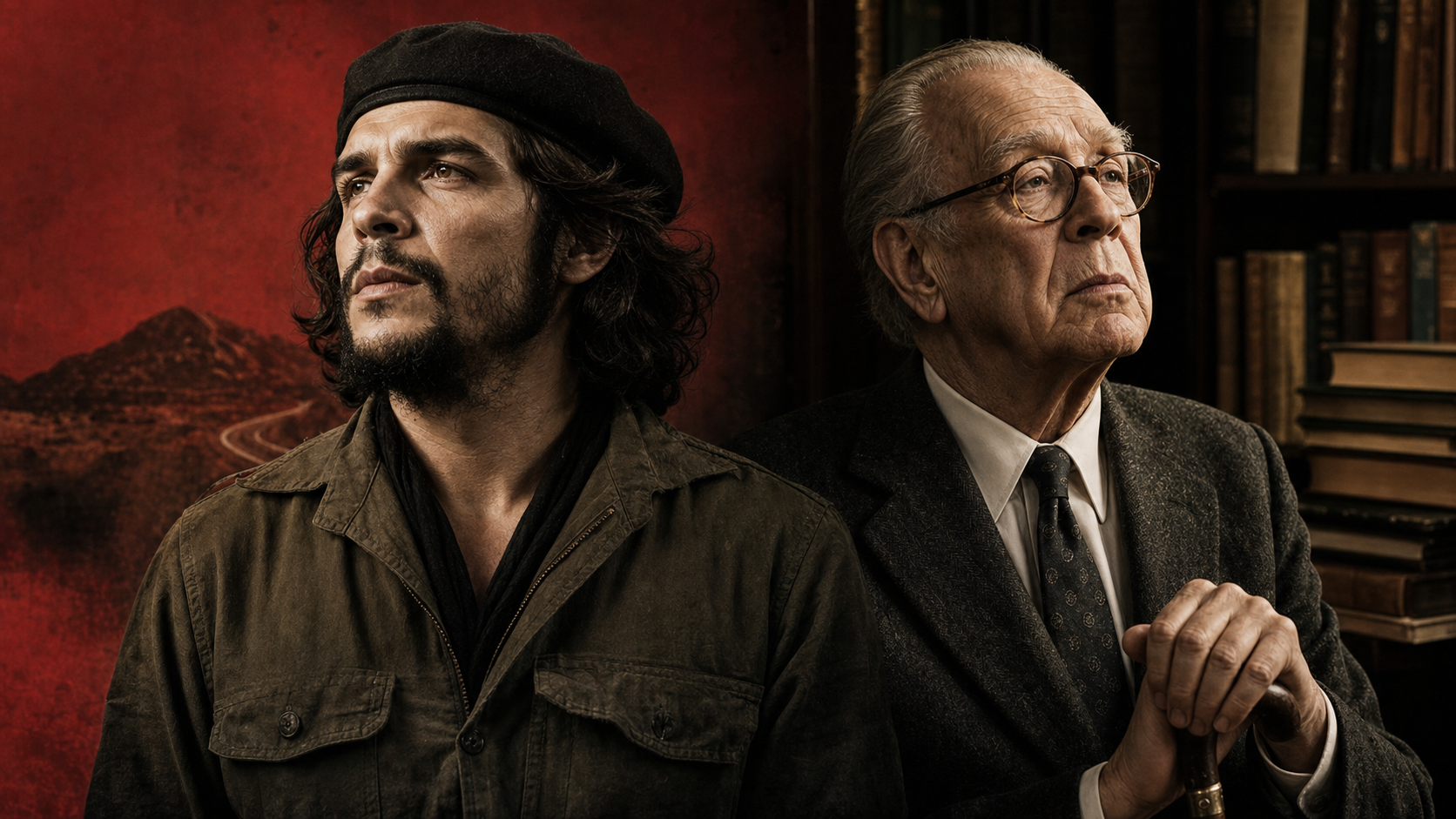 Ernesto Che Guevara y Jorge Luis Borges en una composición editorial dividida entre revolución y literatura