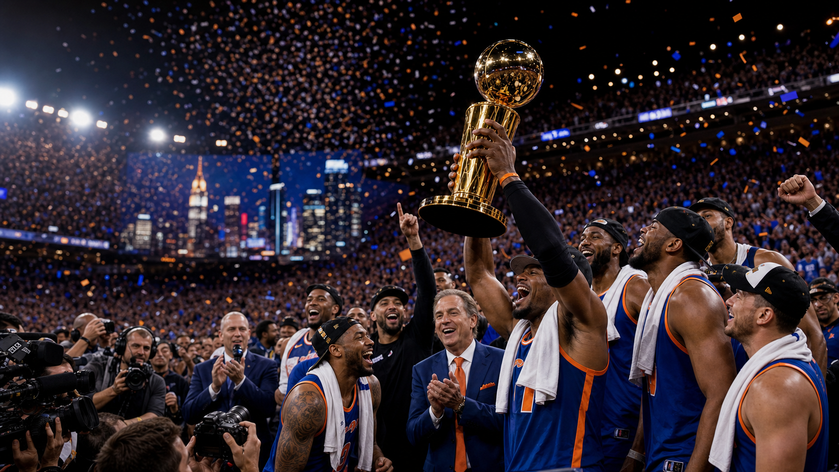 New York celebra el campeonato de la NBA con un trofeo dorado y confeti azul y naranja