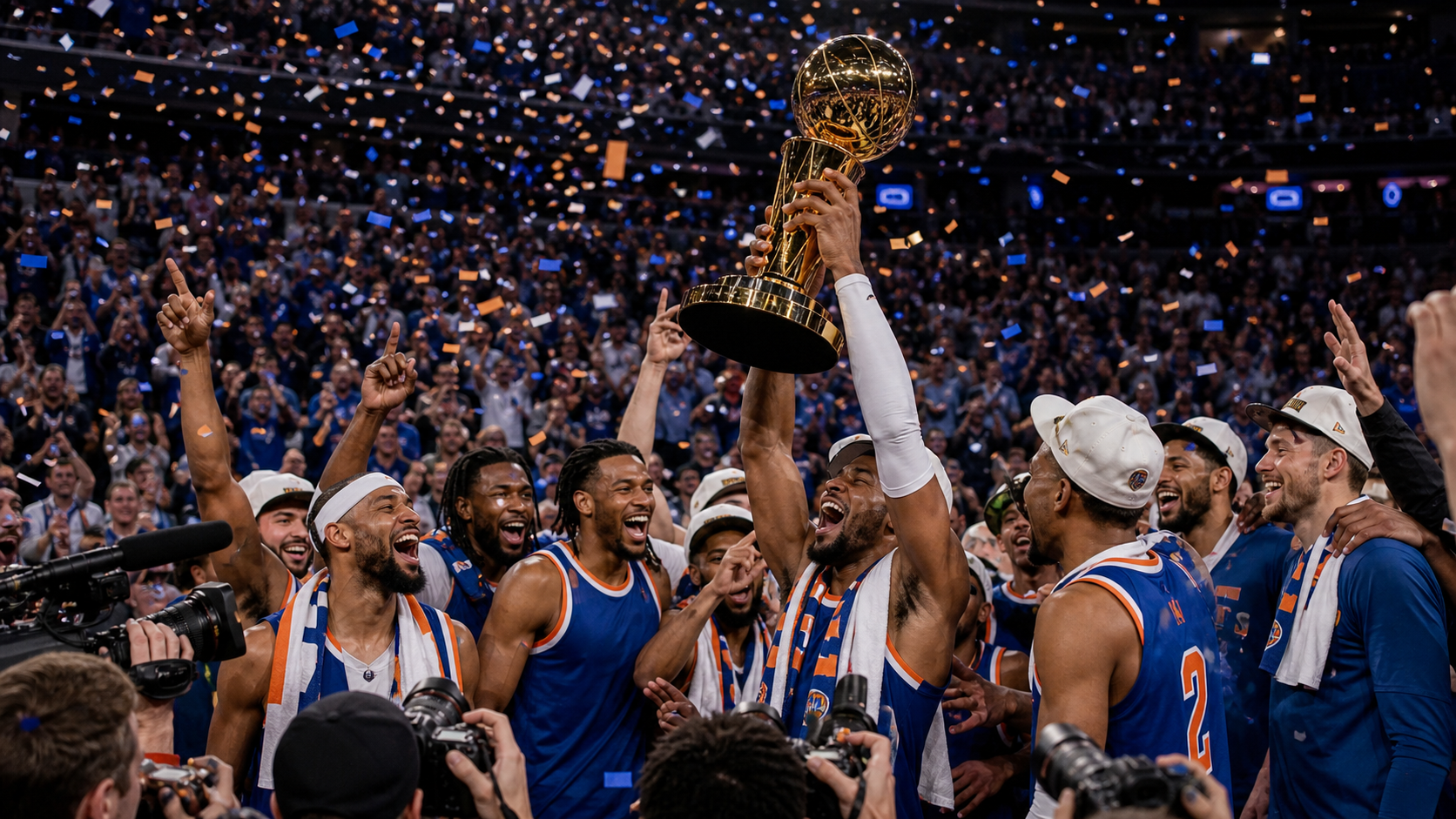 Jugadores de New York celebran un campeonato con trofeo y confetti azul y naranja