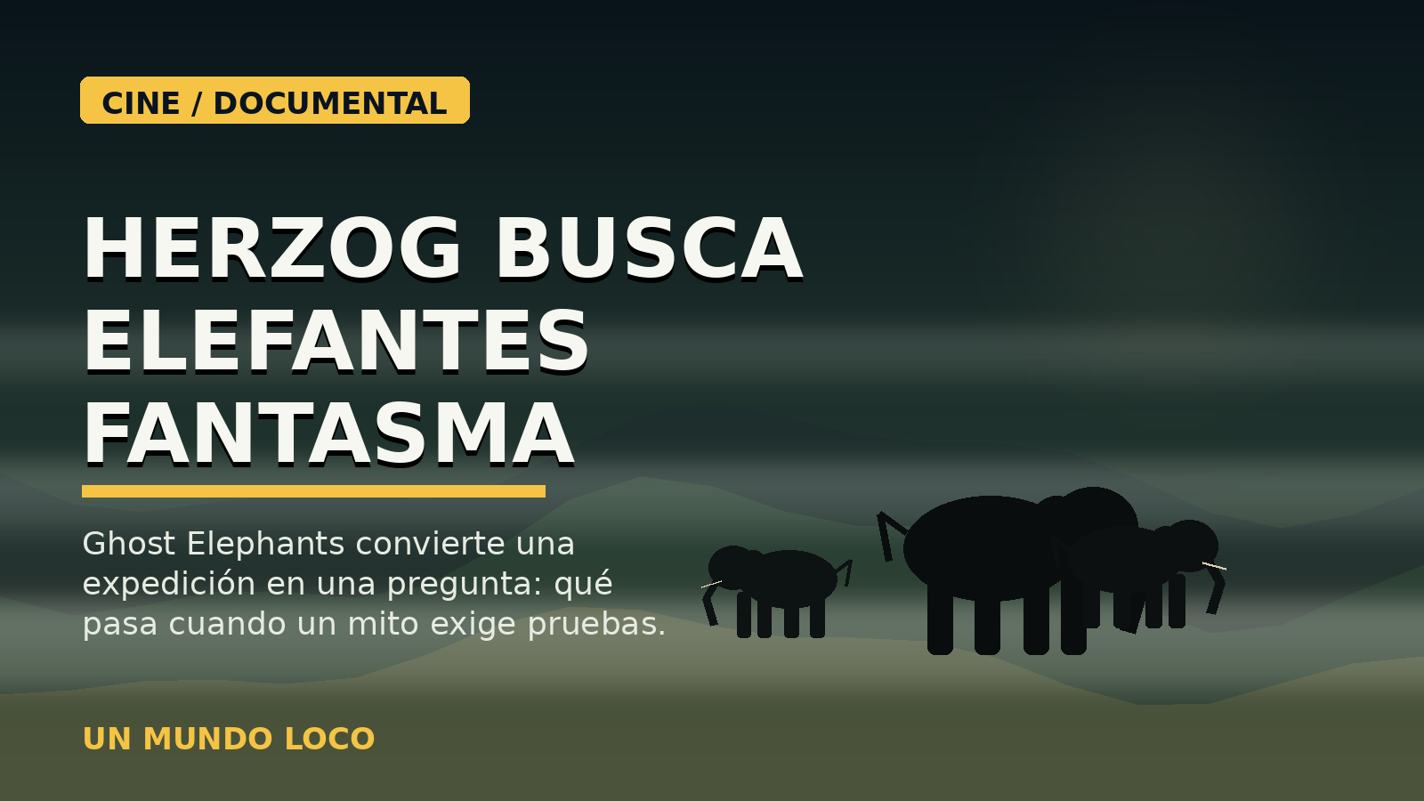 Ilustración editorial de elefantes entre niebla en las tierras altas de Angola, con el texto Herzog busca elefantes fantasma