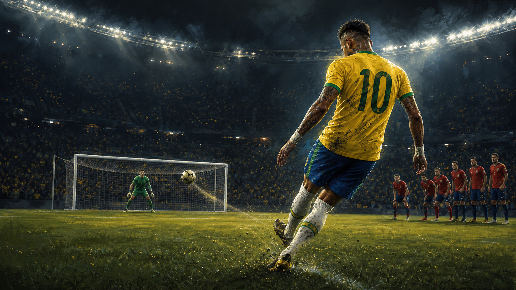 Ilustración editorial de un futbolista brasileño número 10 pateando un penal de noche