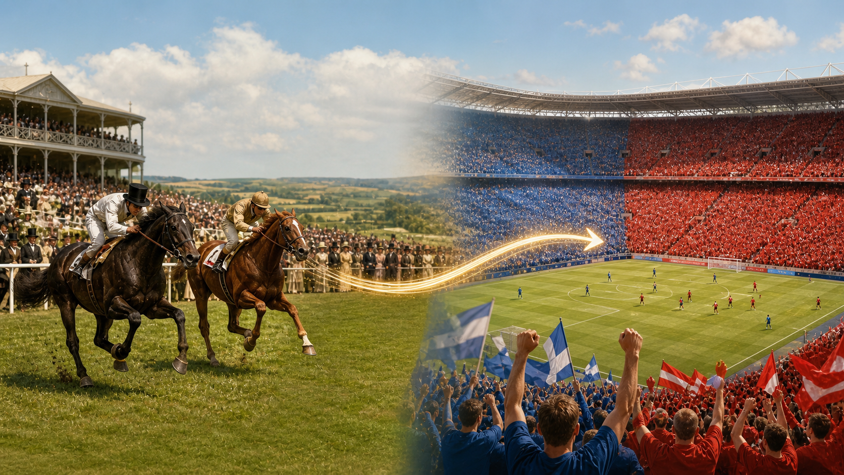 Ilustración editorial que une una carrera de caballos antigua con un estadio de fútbol moderno