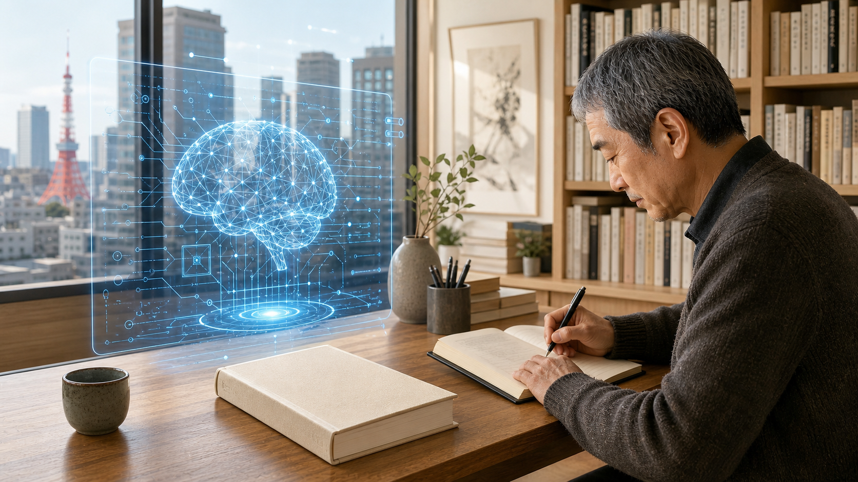 Ilustración editorial de un escritor japonés escribiendo a mano frente a una interfaz abstracta de inteligencia artificial