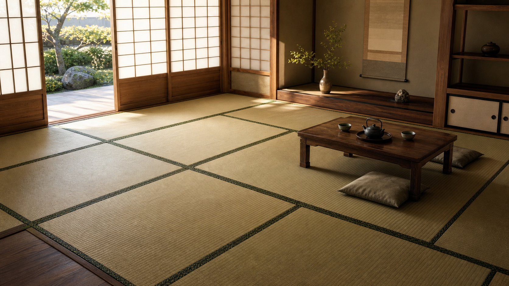 Ilustración editorial de una habitación japonesa con tatamis formando una grilla de medida