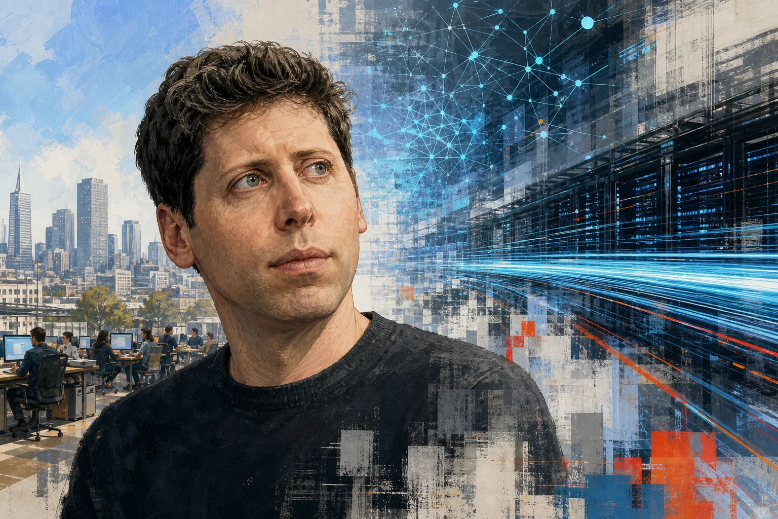 Ilustración editorial de Sam Altman entre una ciudad cotidiana y una infraestructura digital que se acelera