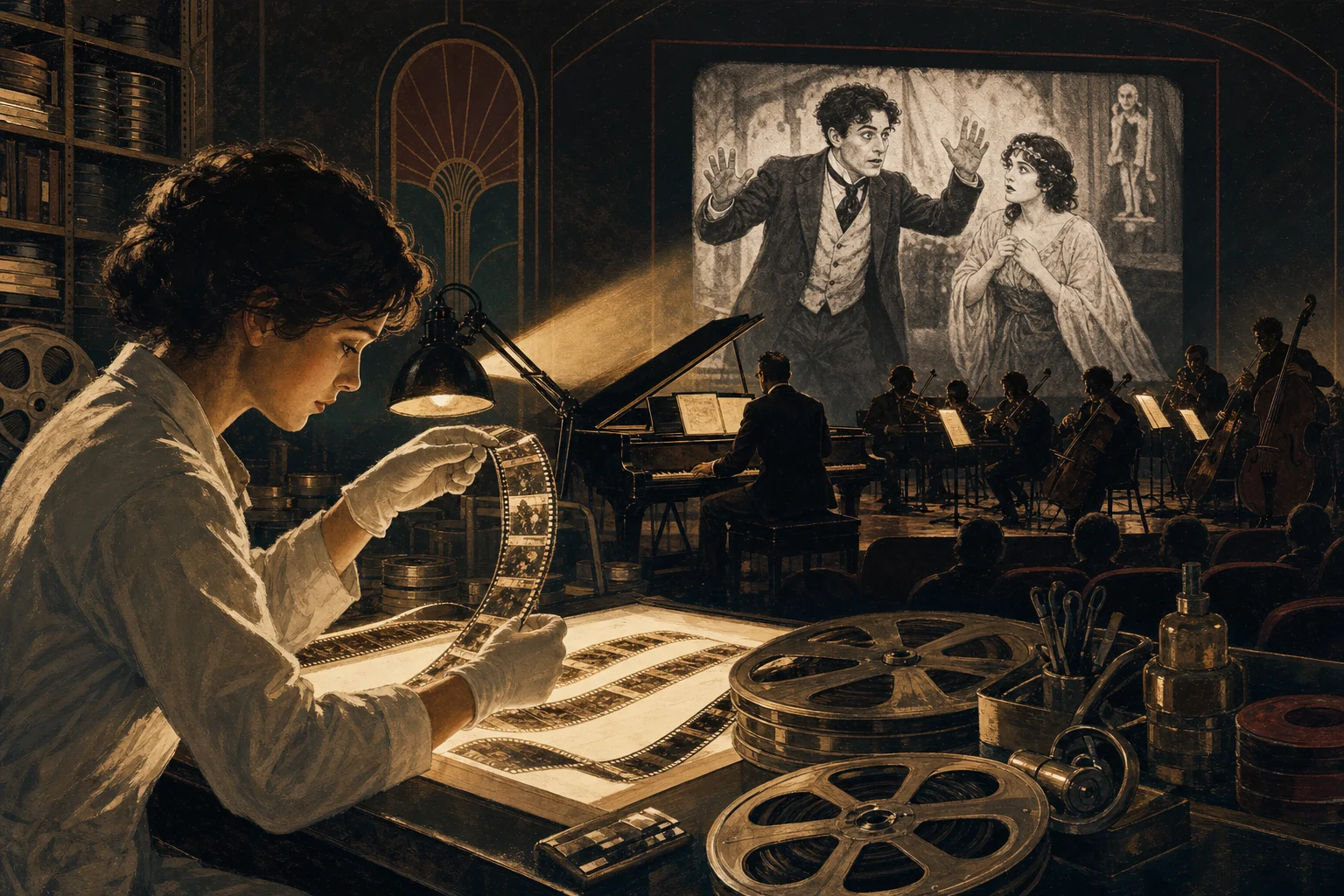 Ilustración editorial de una archivista examinando película de nitrato mientras una proyección de cine mudo recibe acompañamiento musical
