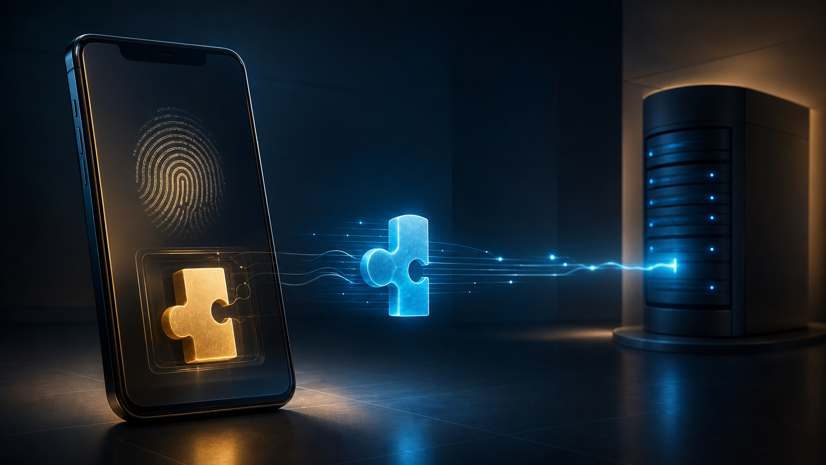 Teléfono con una huella digital y dos piezas que representan las claves privada y pública de una passkey