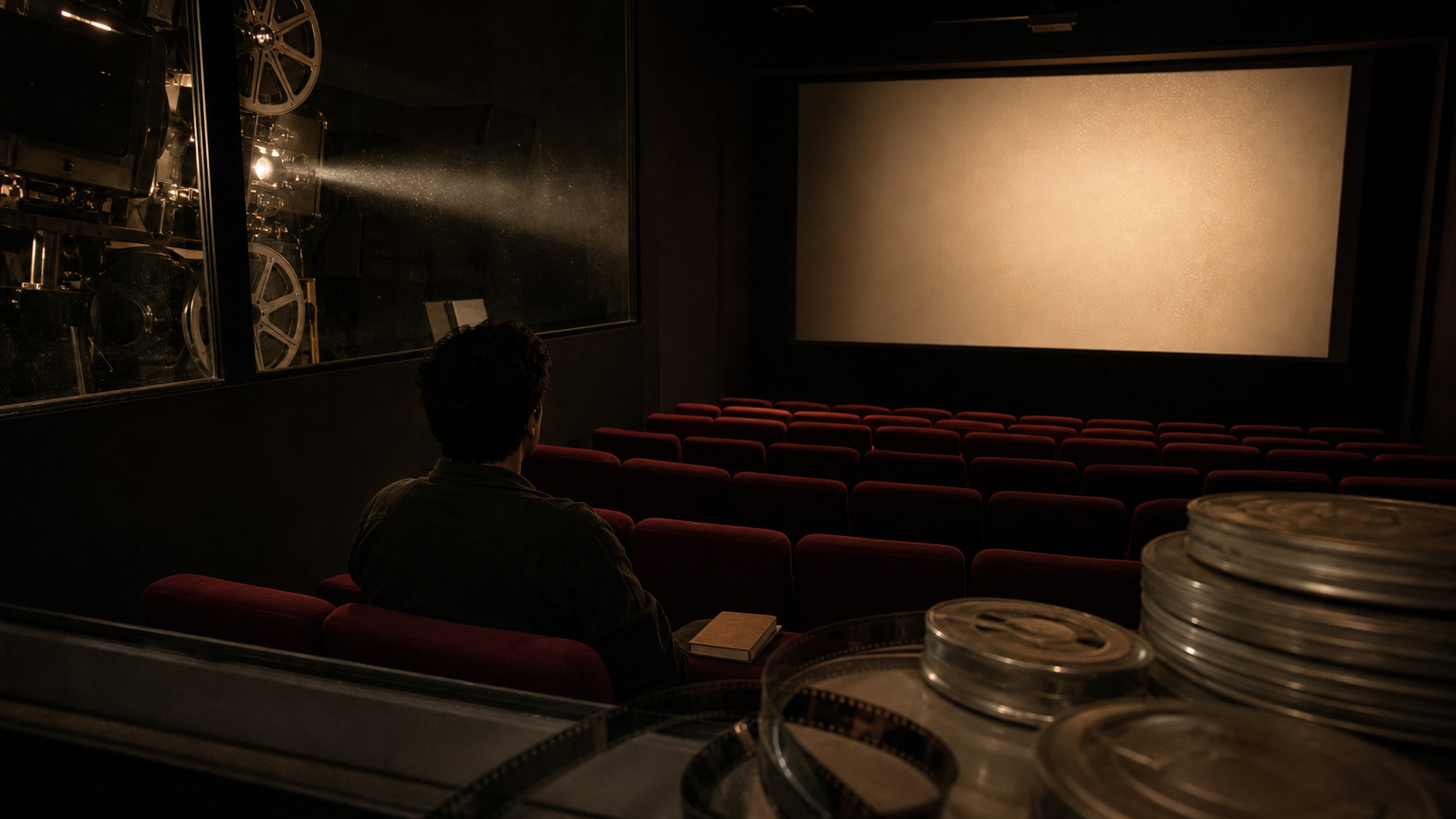 Espectador anónimo en una cinemateca frente a una pantalla iluminada, con proyector y latas de película
