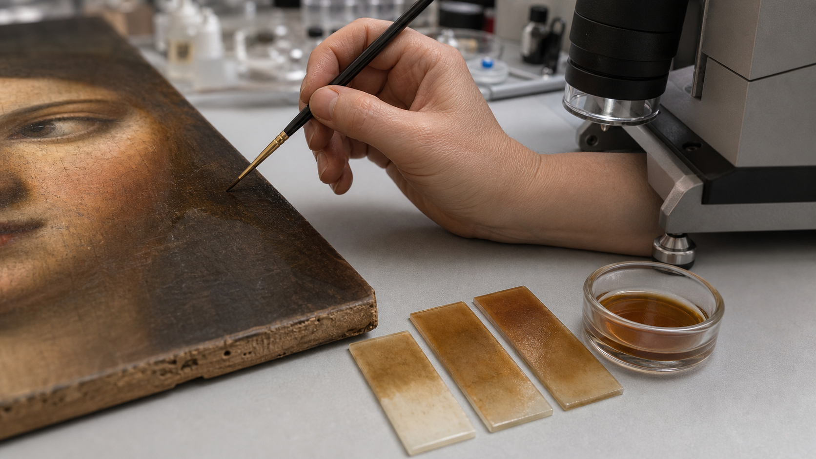 Mano de una conservadora aplicando una veladura sobre un panel de estudio junto a un microscopio y muestras