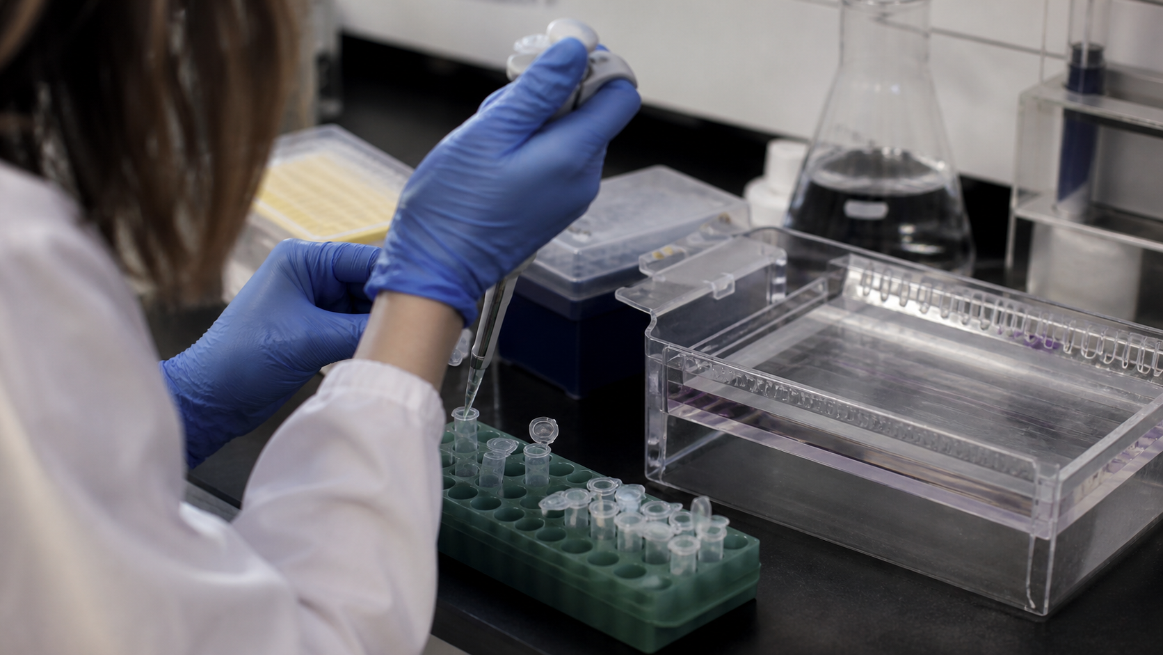 Investigadora prepara muestras de ADN con una micropipeta junto a un equipo de electroforesis