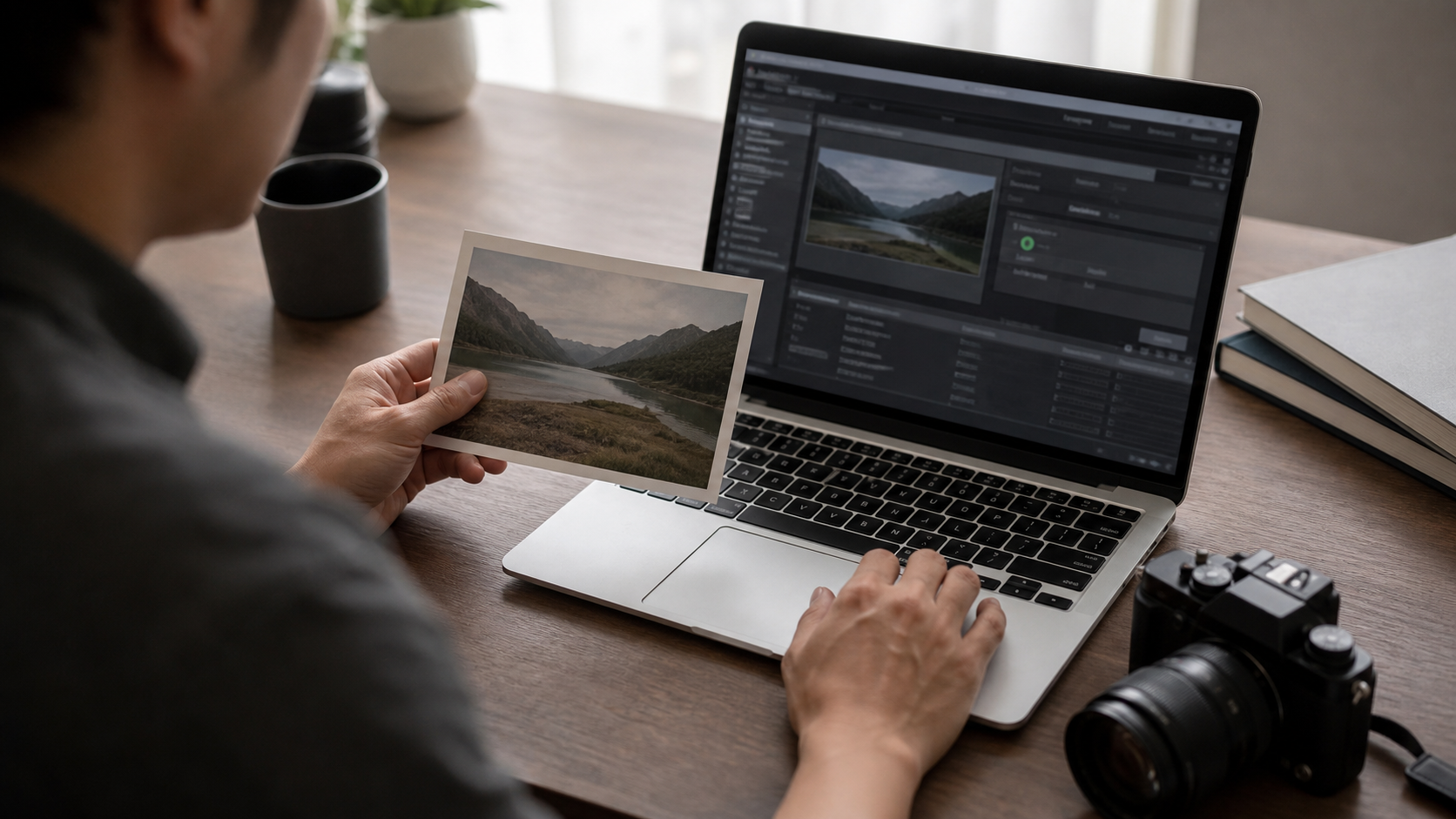 Persona que compara una copia fotográfica con el historial digital del archivo en una computadora