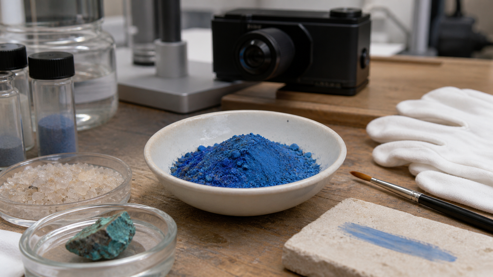 Pigmento azul granulado, cuarzo y mineral de cobre sobre una mesa de conservación