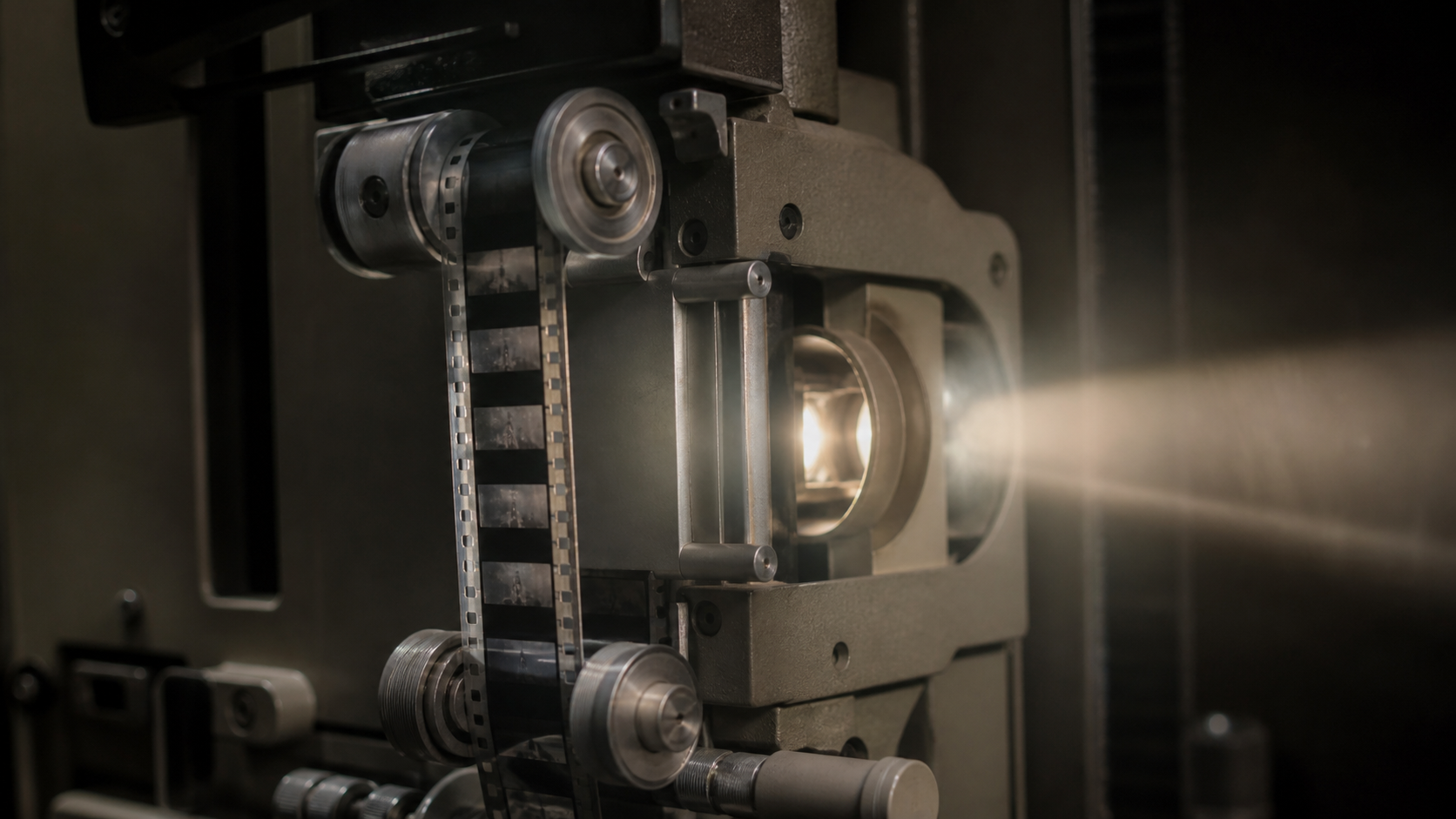Tira de película de 35 milímetros atravesando los rodillos de un proyector encendido