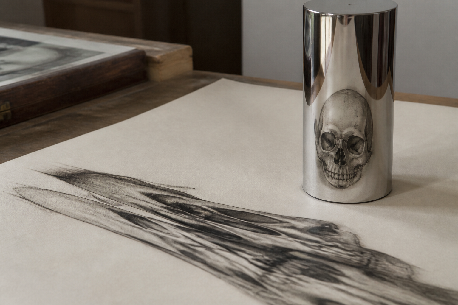 Dibujo alargado de una calavera que recupera sus proporciones en un espejo cilíndrico