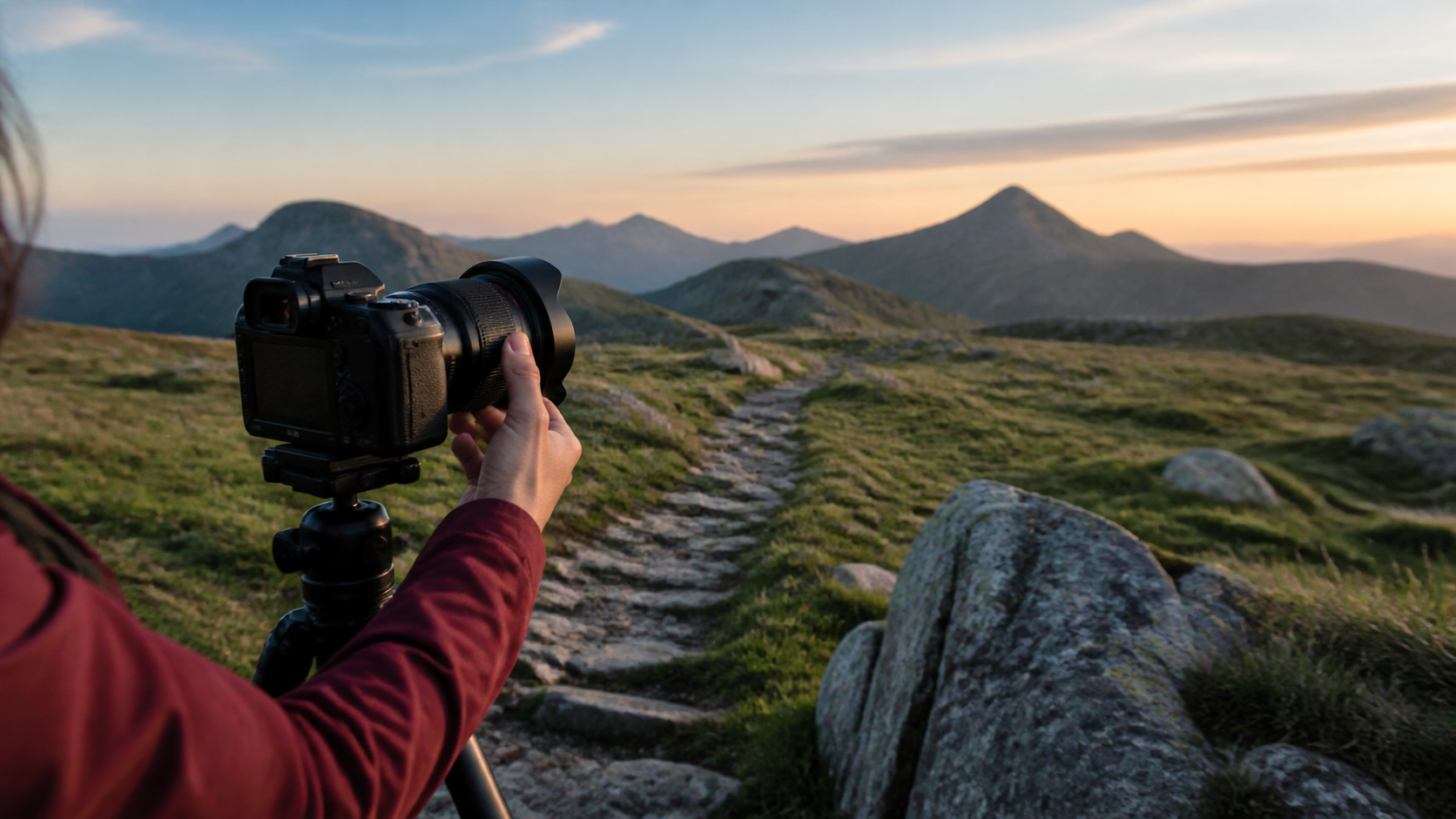 Fotógrafa ajusta una cámara con objetivo gran angular frente a un sendero, rocas y montañas al amanecer
