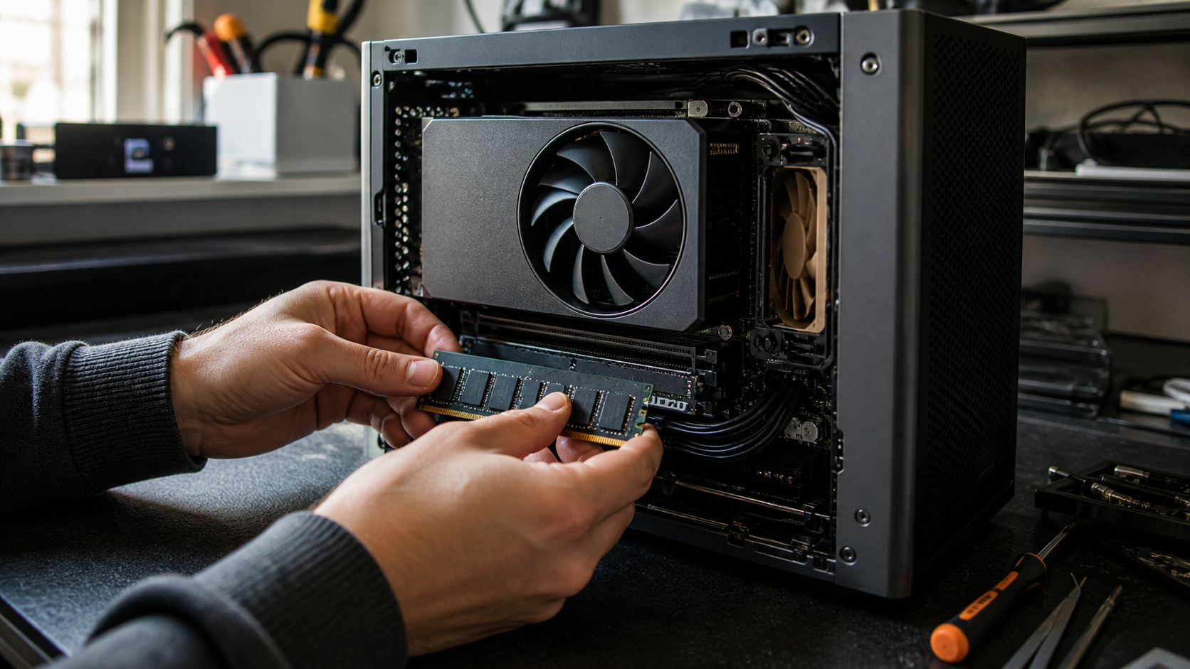 Dos manos colocan un módulo de memoria en una computadora compacta con la placa gráfica a la vista