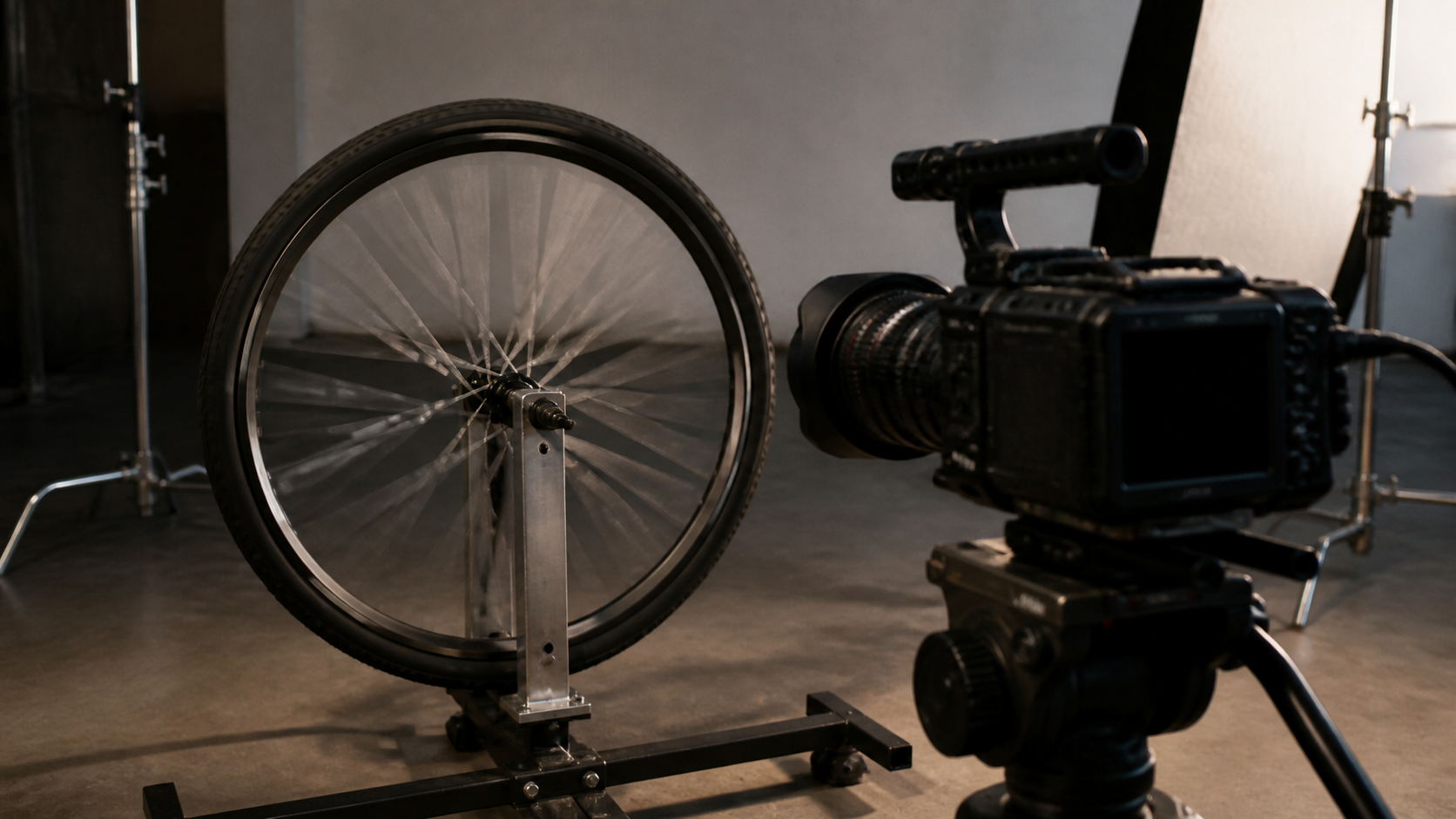 Cámara de cine en trípode filma una rueda de bicicleta con los rayos movidos durante una prueba de estudio