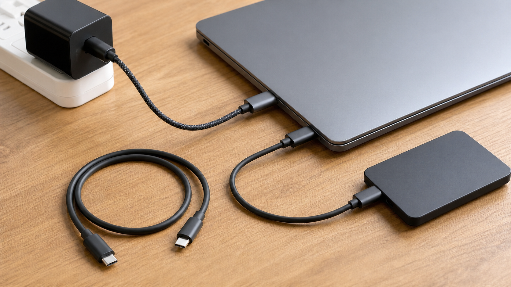 Tres cables USB-C conectan una computadora portátil con un cargador y un disco externo