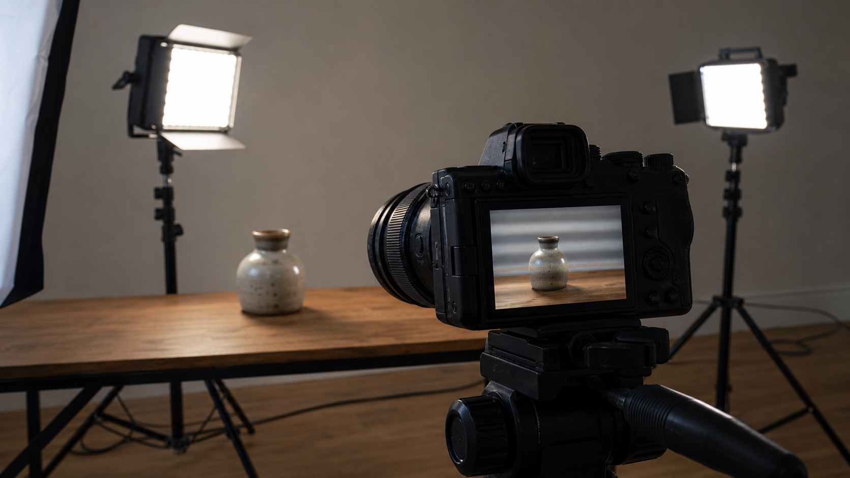 Cámara sobre un trípode filma un objeto iluminado por paneles LED y registra bandas en su monitor