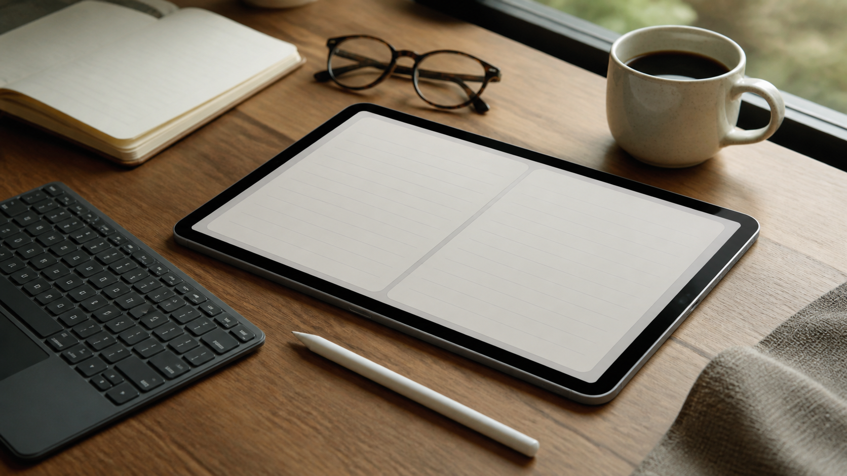 Tablet junto a un teclado, un lápiz digital, un cuaderno y anteojos sobre un escritorio