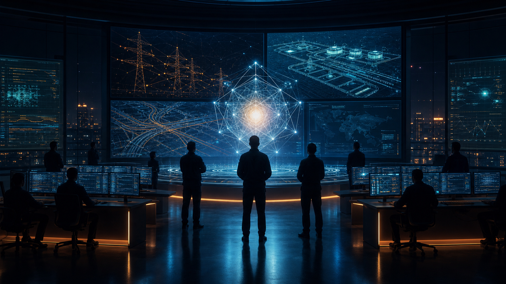 Sala de control de infraestructura crítica con una interfaz abstracta de inteligencia artificial
