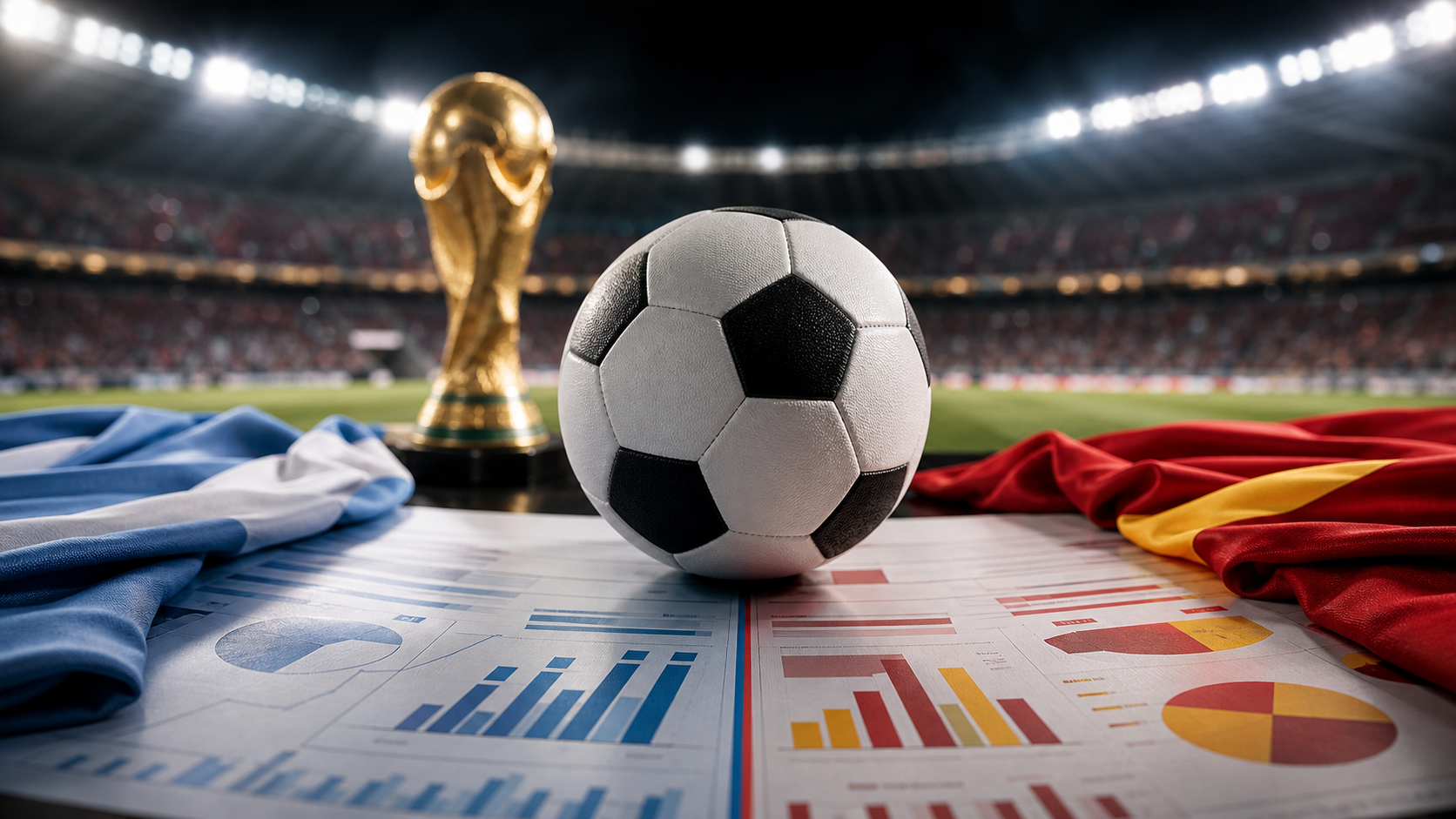 Pelota de fútbol entre colores de Argentina y España con gráficos de probabilidades y copa al fondo