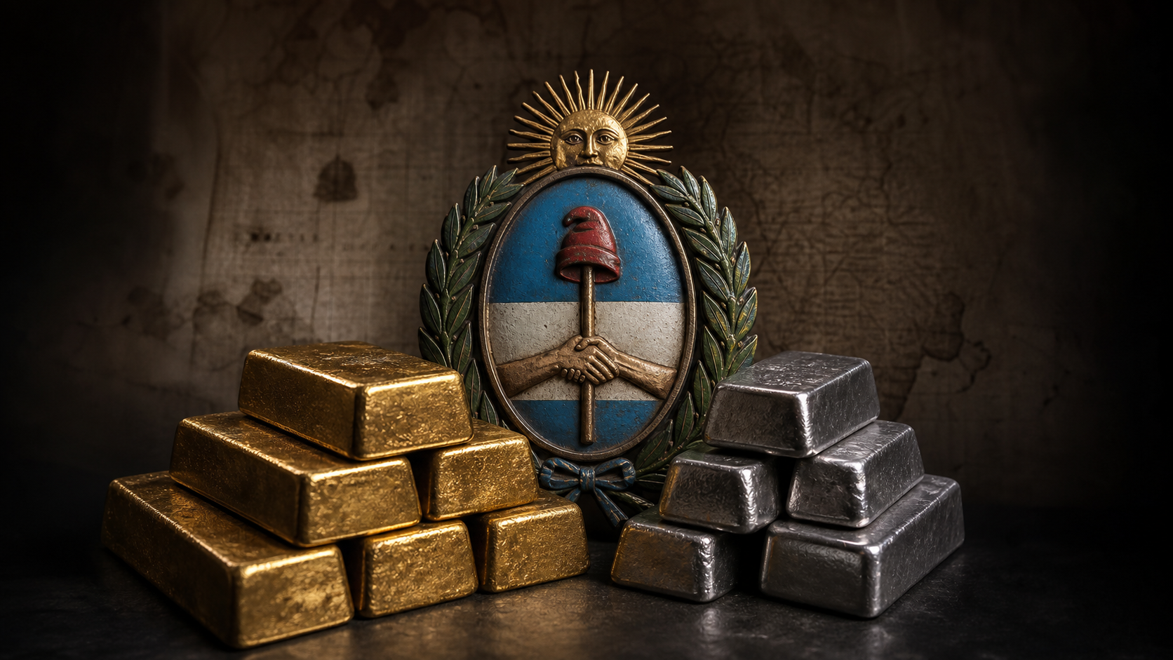 Barras de oro y plata junto al escudo argentino