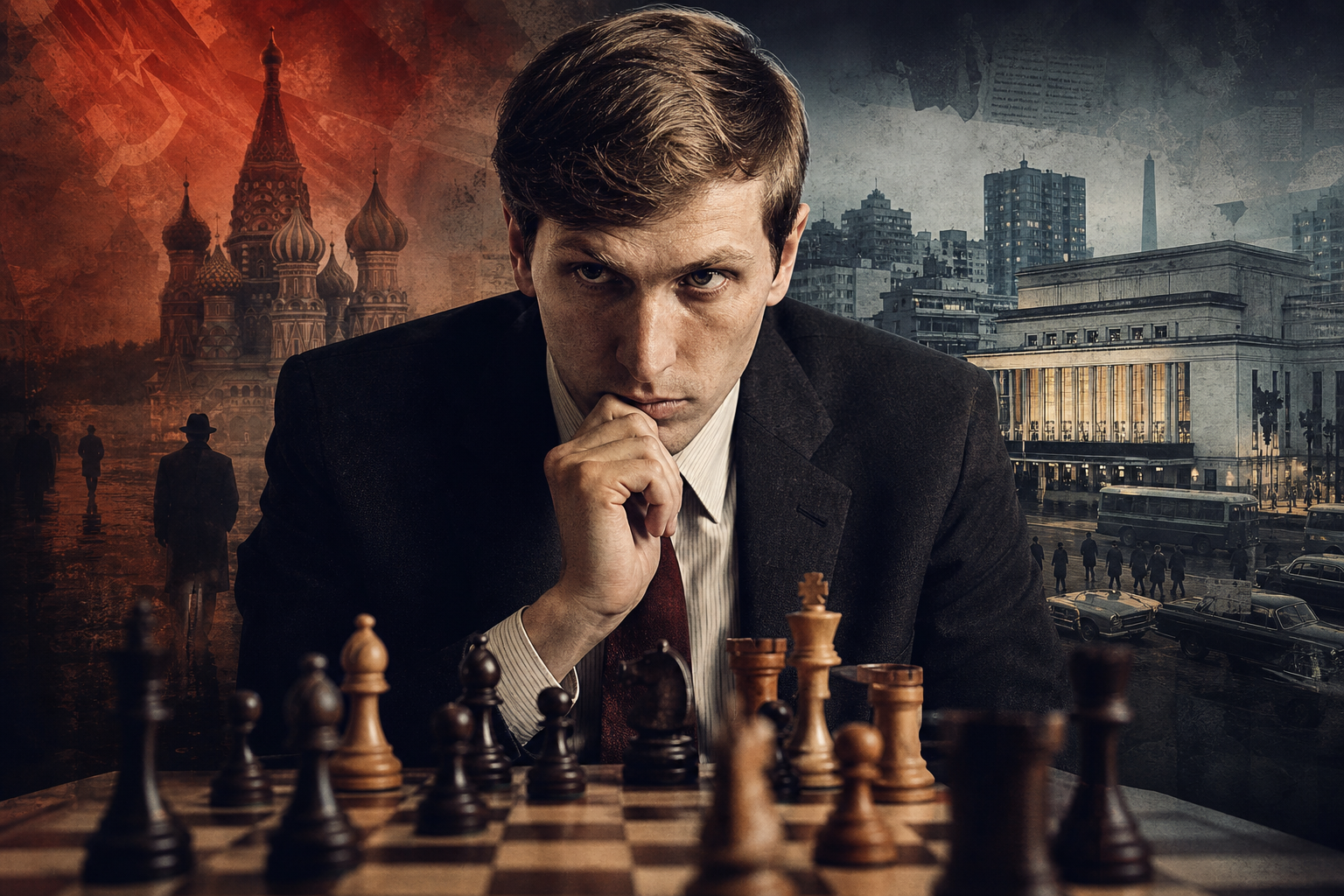 Bobby Fischer frente a un tablero de ajedrez con Buenos Aires y la tensión de la Guerra Fría en la imagen
