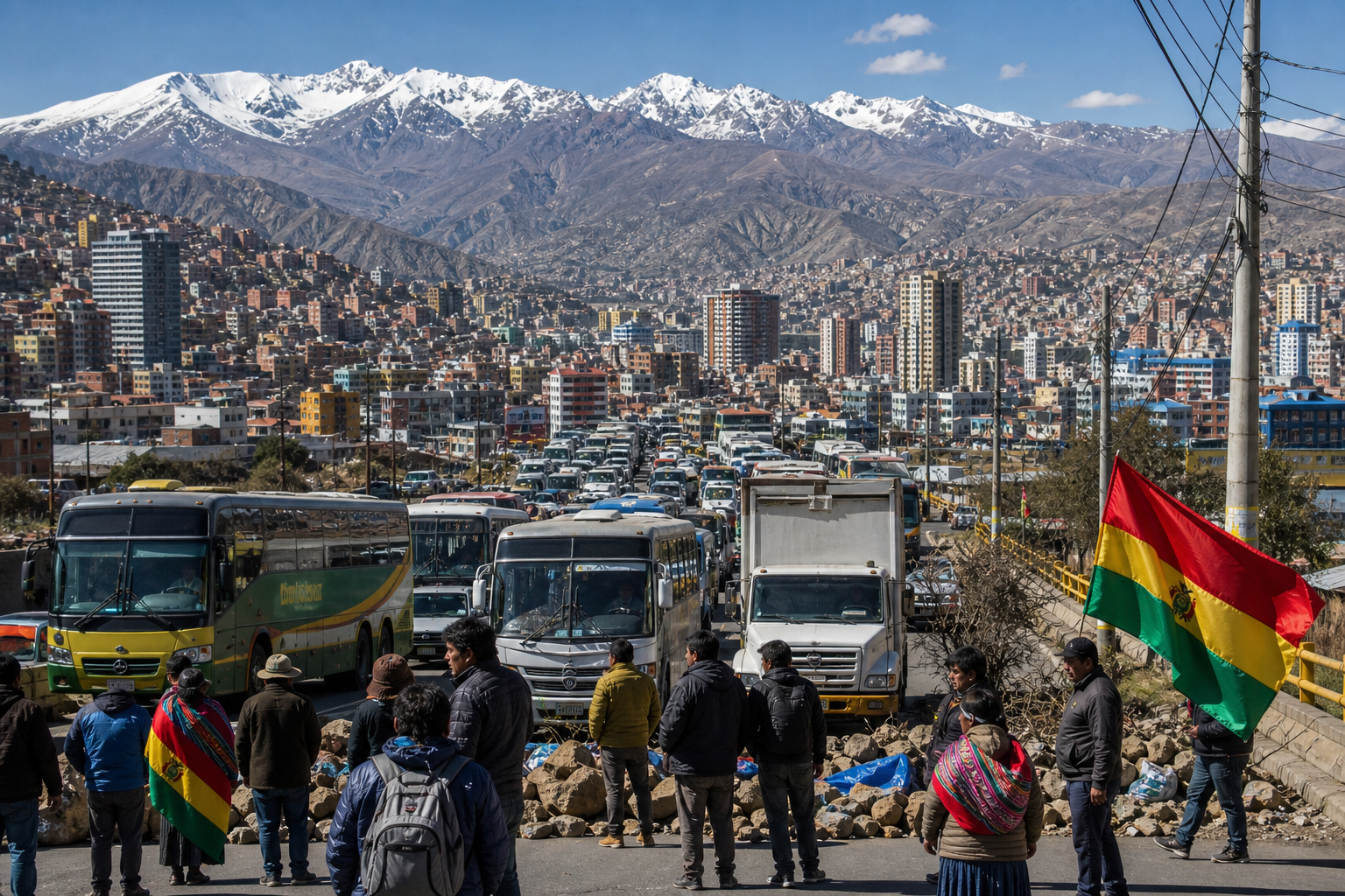 La Paz con bloqueos y vehículos detenidos bajo la cordillera