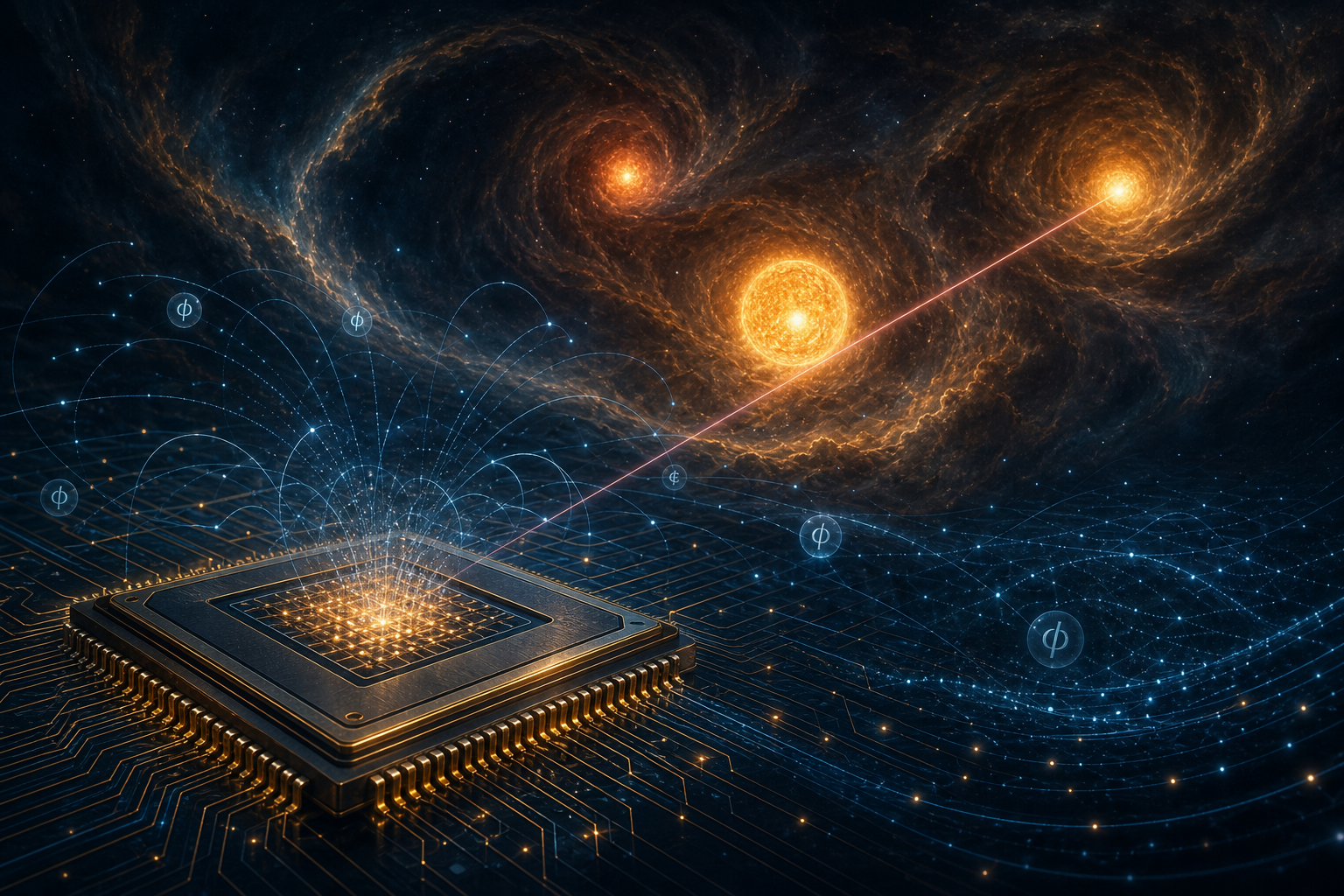 Un chip cuántico frente a tres soles y una señal láser atravesando el espacio