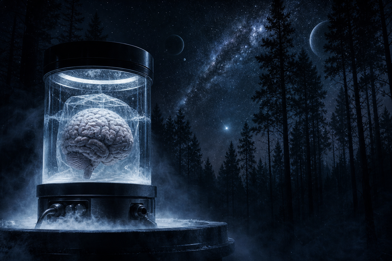 Tejido cerebral congelado a -196 grados junto a un bosque oscuro y un cielo interestelar