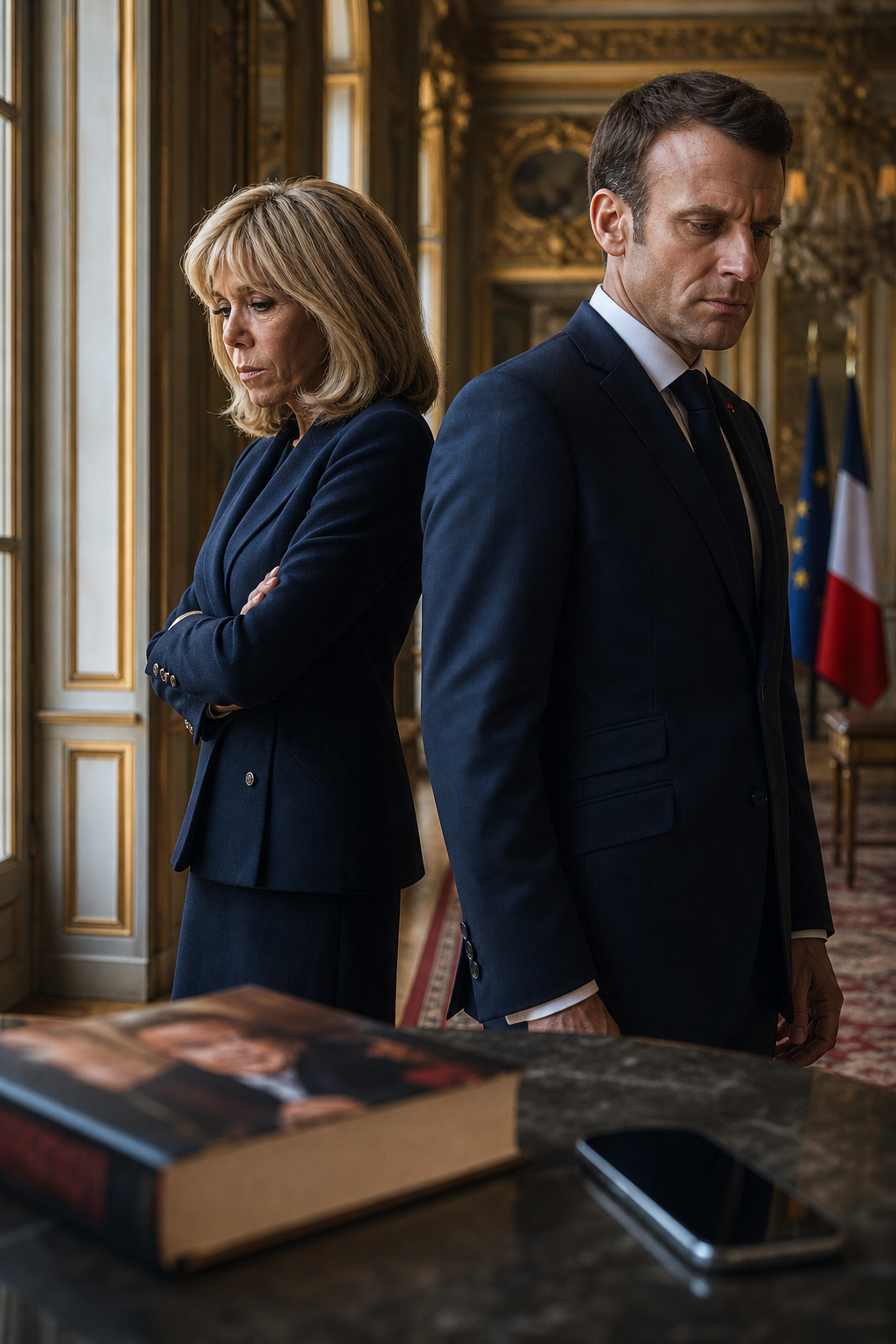 Ilustración editorial de Brigitte y Emmanuel Macron bajo presión mediática