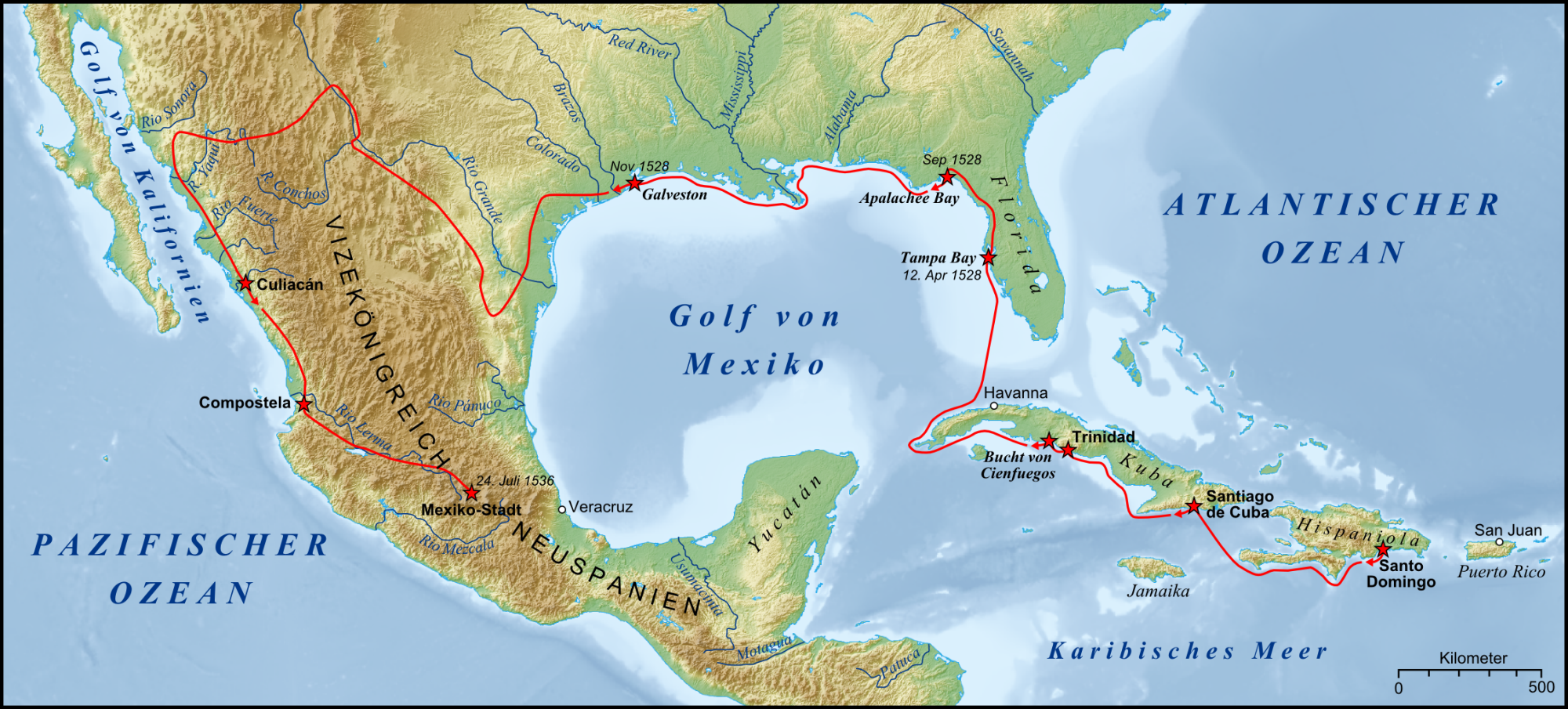 Mapa de la ruta atribuida a la expedición de Cabeza de Vaca por Norteamérica