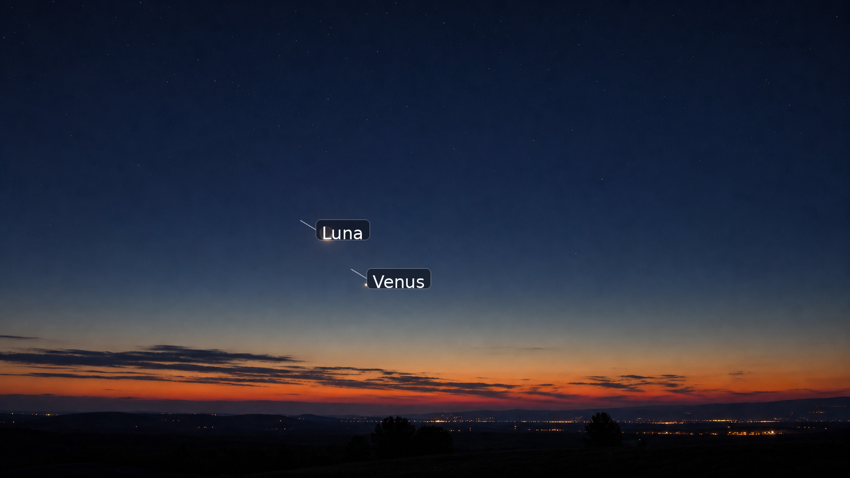 Luna y Venus al atardecer del 17 de julio de 2026. La escena muestra la segunda ventana útil del mes: mirar hacia el oeste al comienzo de la noche.