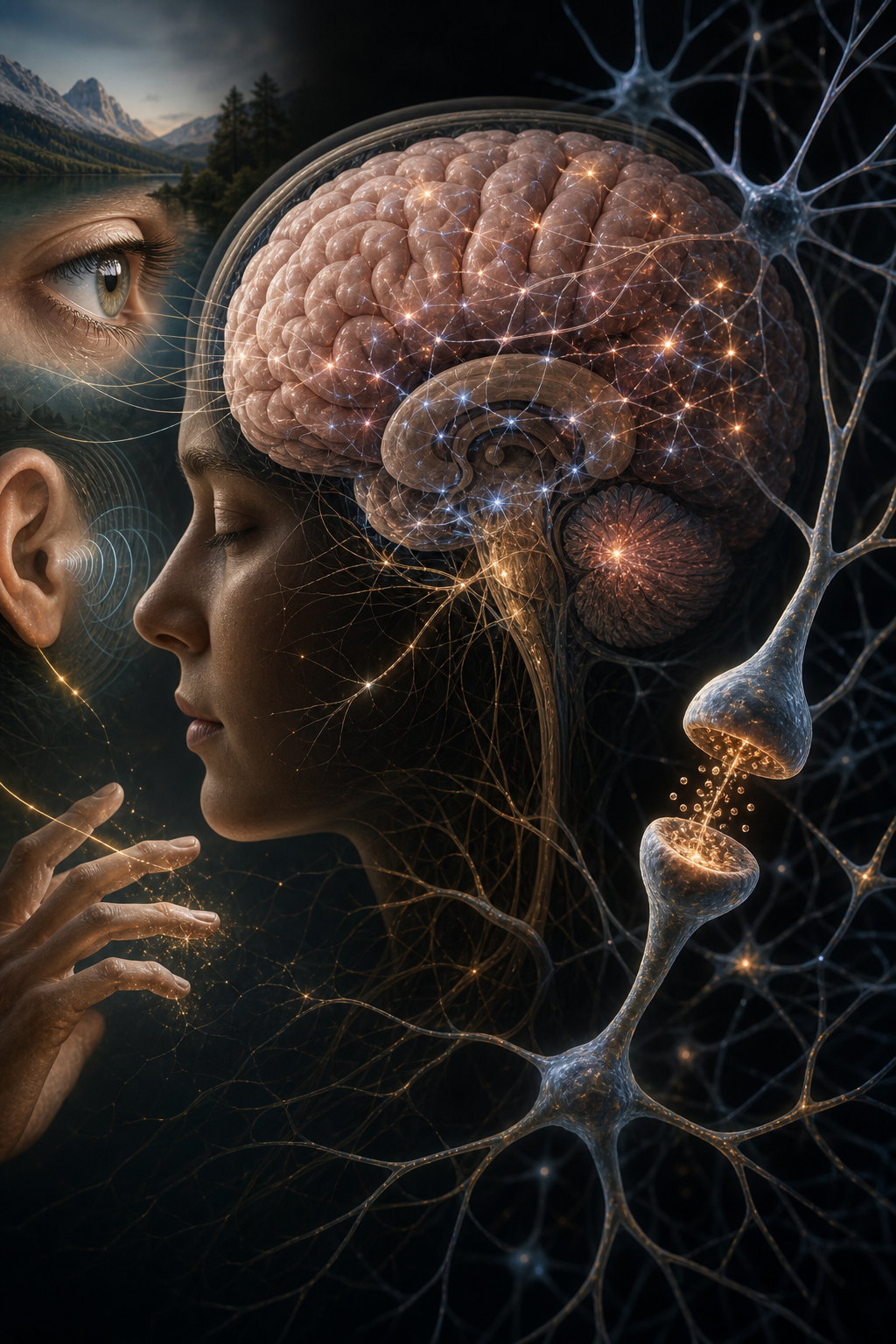 Visualización editorial del pensamiento humano como red biológica de neuronas, sentidos y cerebro