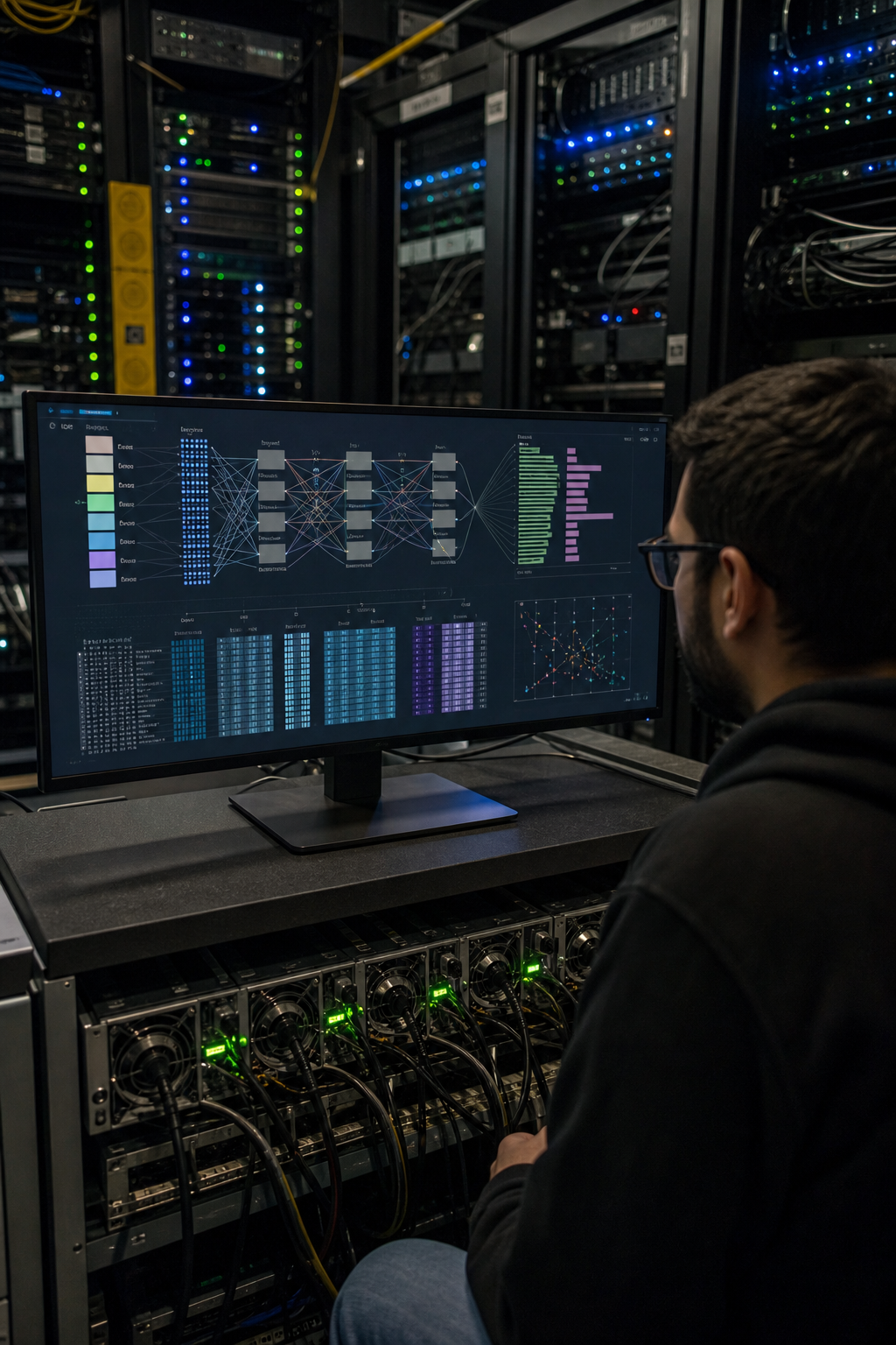 Ingeniero frente a servidores y monitor con un flujo de red neuronal artificial y predicción de tokens