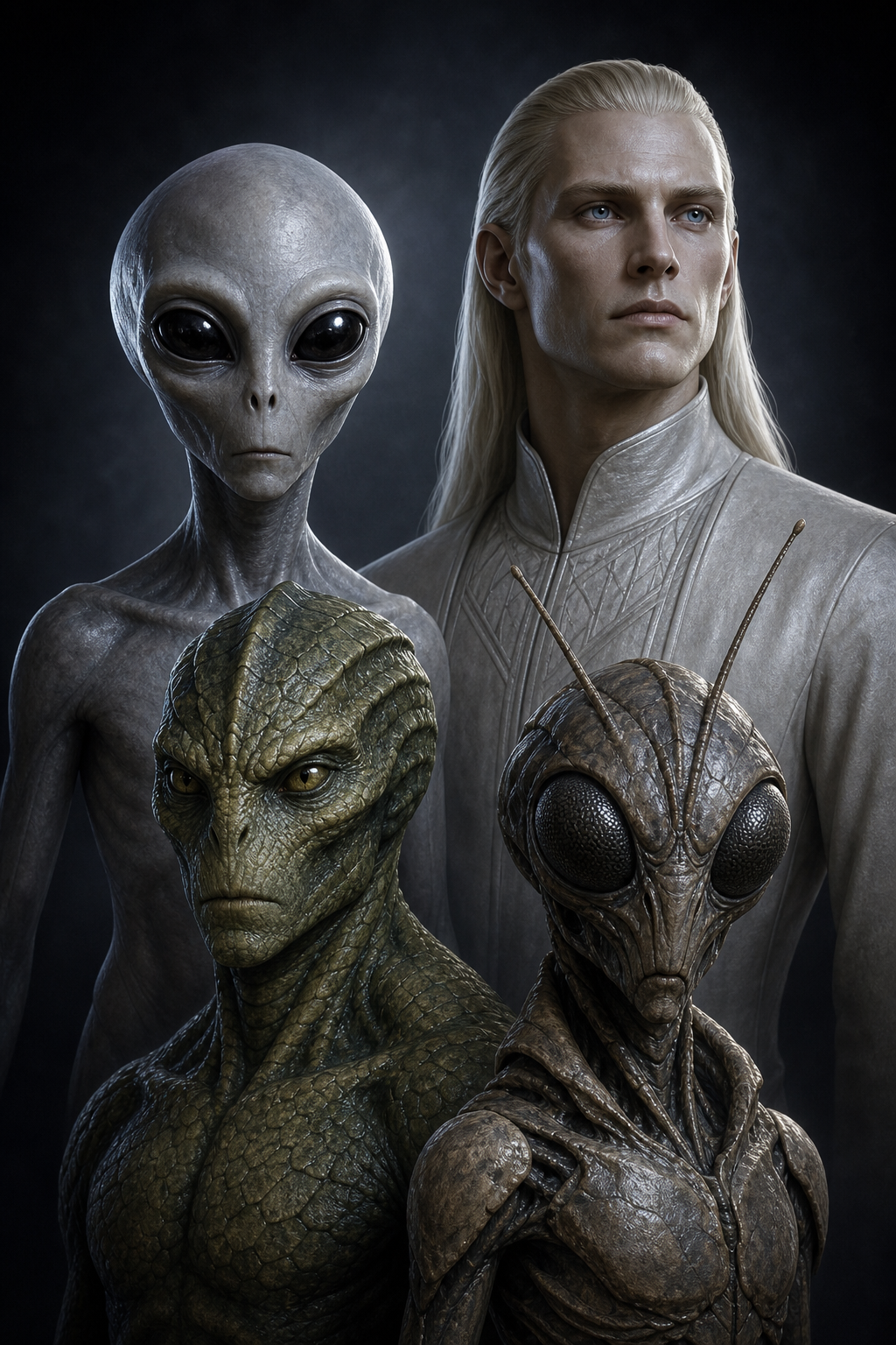 Ilustración con cuatro arquetipos de aliens en estilo editorial