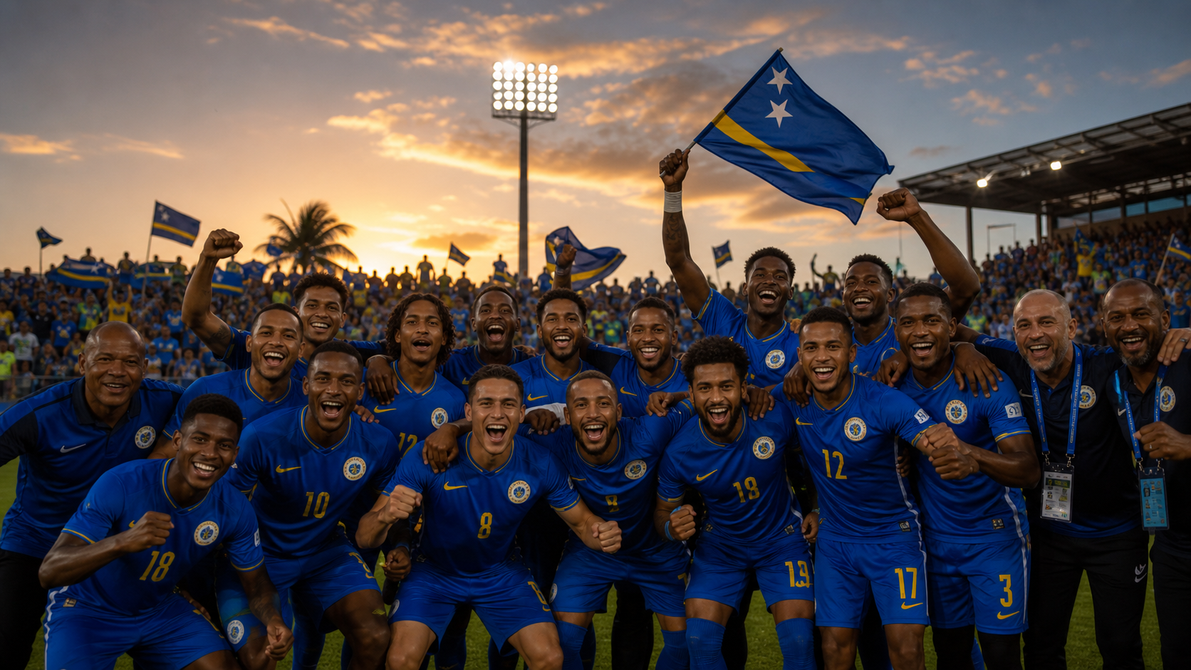 Plantel de Curazao celebrando una clasificación histórica al Mundial 2026