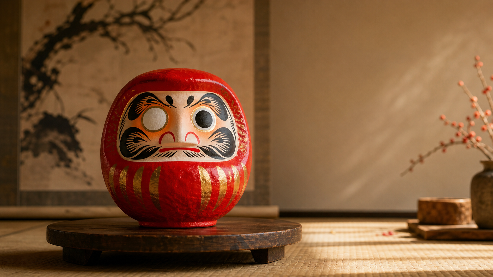 Muñeco daruma rojo con un ojo pintado sobre una mesa japonesa